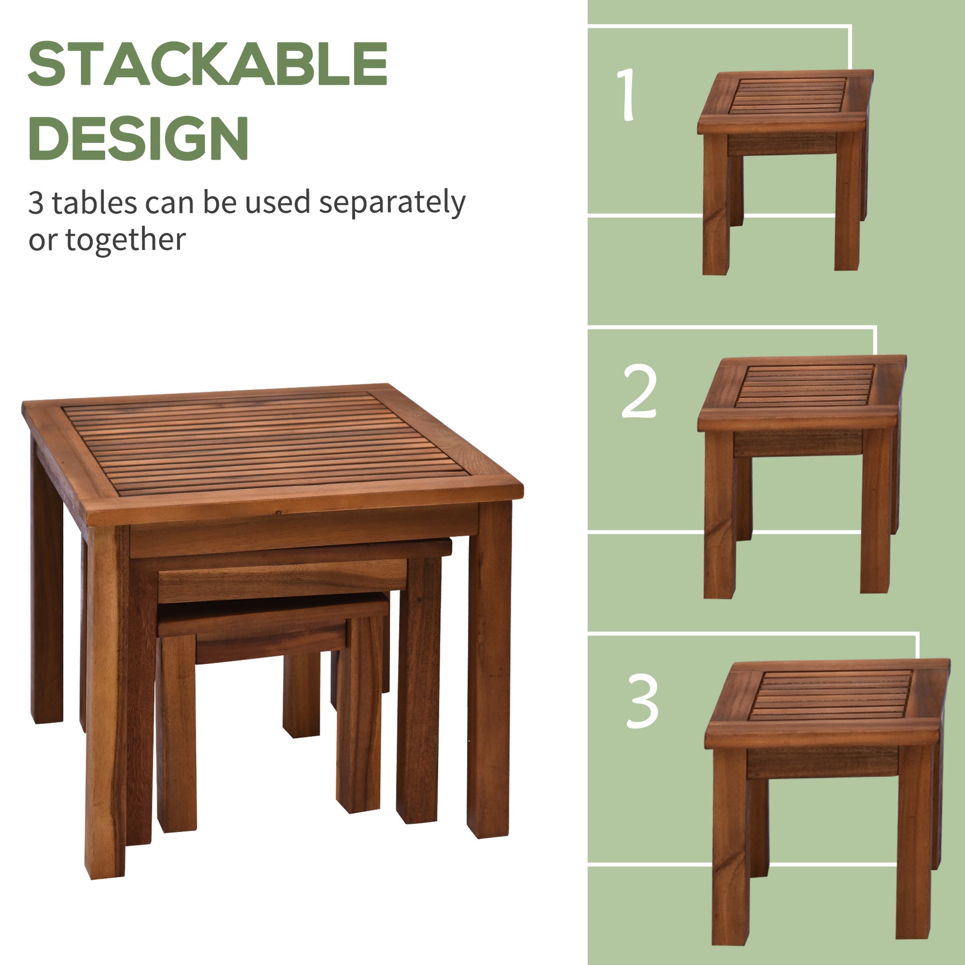 Outsunny 3 Piece Outdoor Side Nesting Table Patio Set With Acacia Wood Build & Multi Functional Design Teak Metal