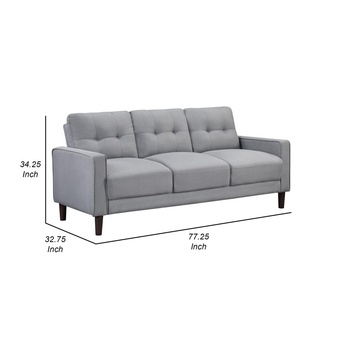 Bow 77 Inch Sofa, Grid Tufted Back, Track Arms, Self Welt Trim, Gray Grey Black Plywood 3 Seat