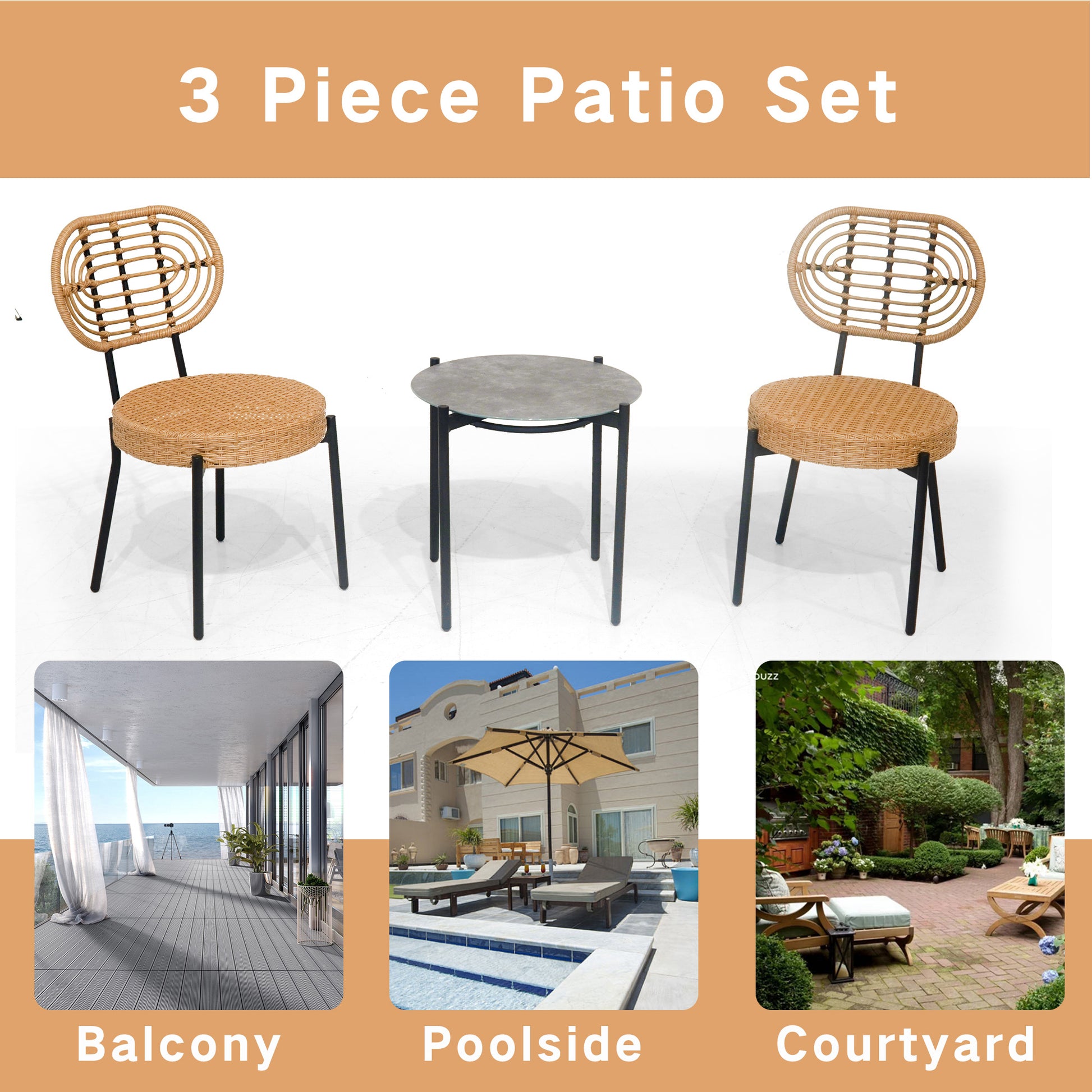 3 Pieces Of Luxury Outdoor Wicker Furniture Patio Bistro Style Table And Chair Combination,Weather Resistant Pe Wicker Weave, Stainless Steel Fame, Suitable For Garden, Terrace,Backyard Casua No Black Natural Seats 2 2 Person Seating Group Steel