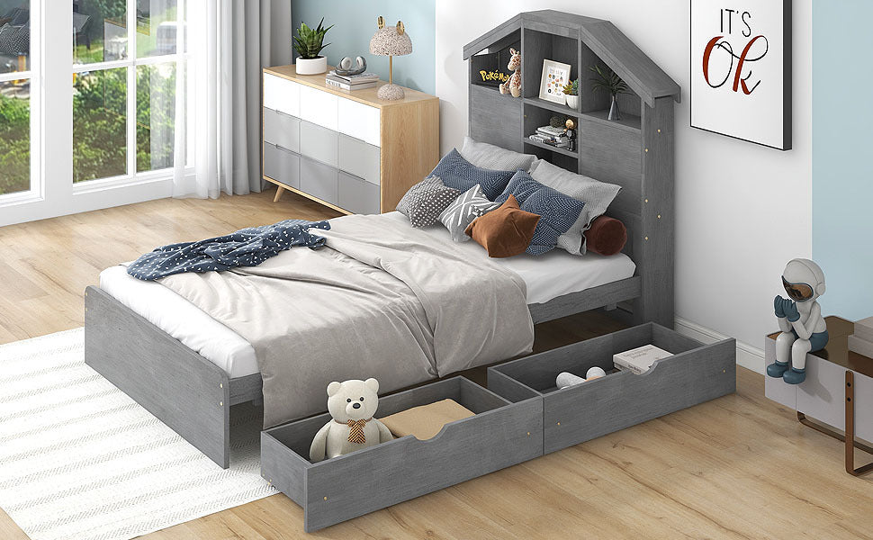 Twin Size Wood Platform Bed with House shaped Storage box spring not