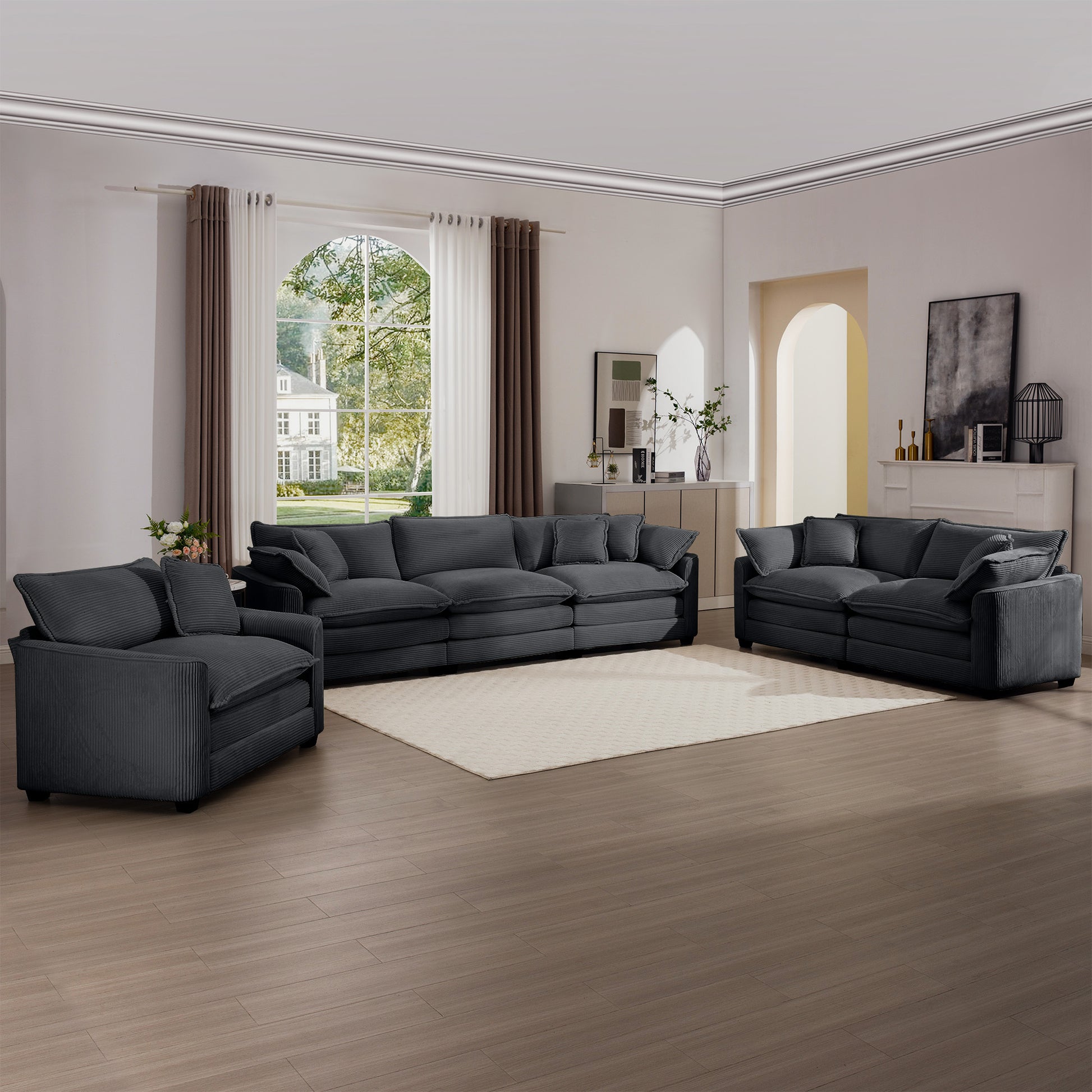 Luxurious And Sophisticated Sofa Set With Soft Cushions And Pillows, Home For Living Rooms And Clubs As Well As Home Theaters, Consisting Of Two Single Sofas And A 3 Seater Sofas In Grey Corduroy Fabr Grey Corduroy 5 Seat
