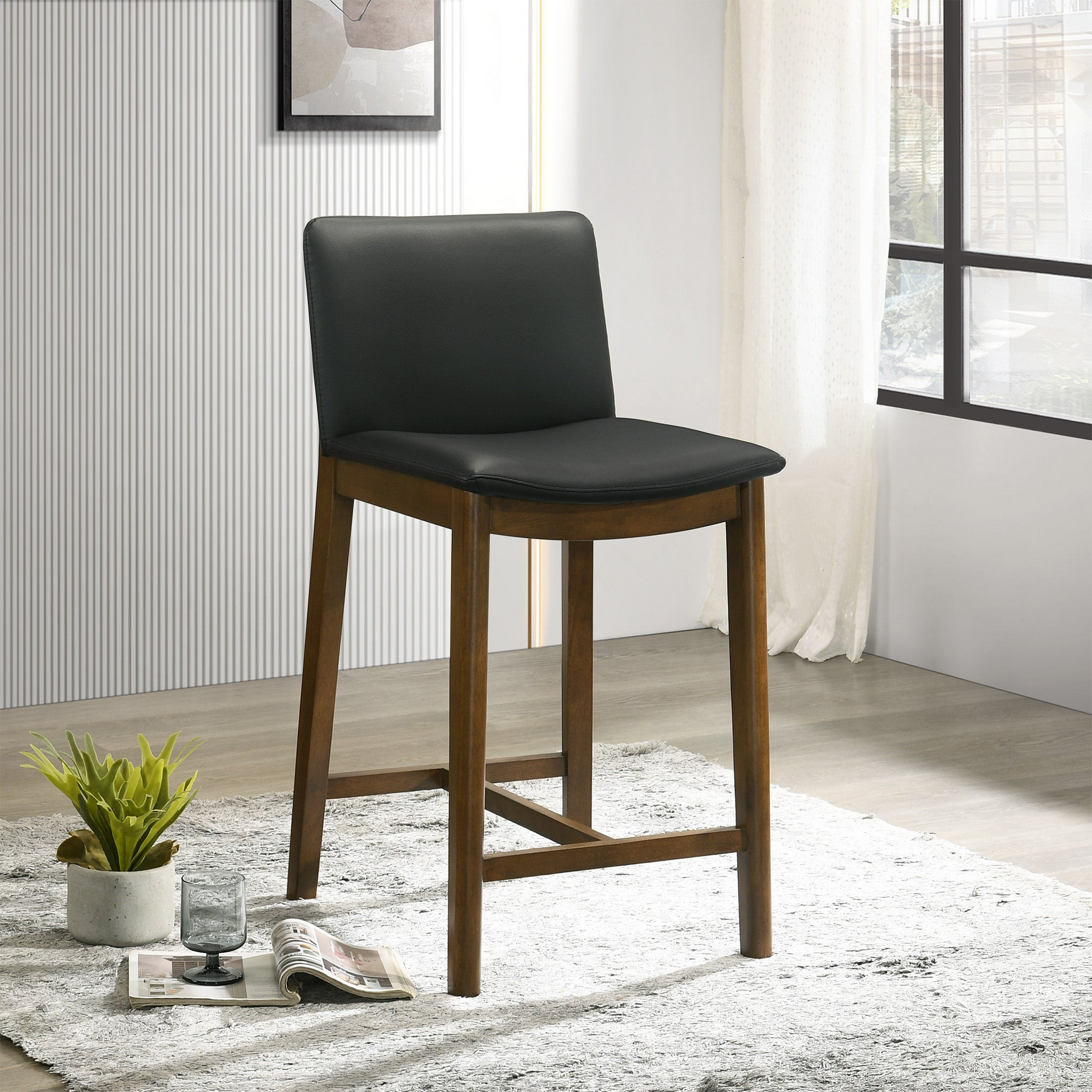 Shannon Counter Chair In Black Vegan Leather Solid Black,Brown Brown Dining Room Foam Wipe Clean Mid Century Modern Bar Stools Solid Back 1 Foam Pu Leather,Solid Wood