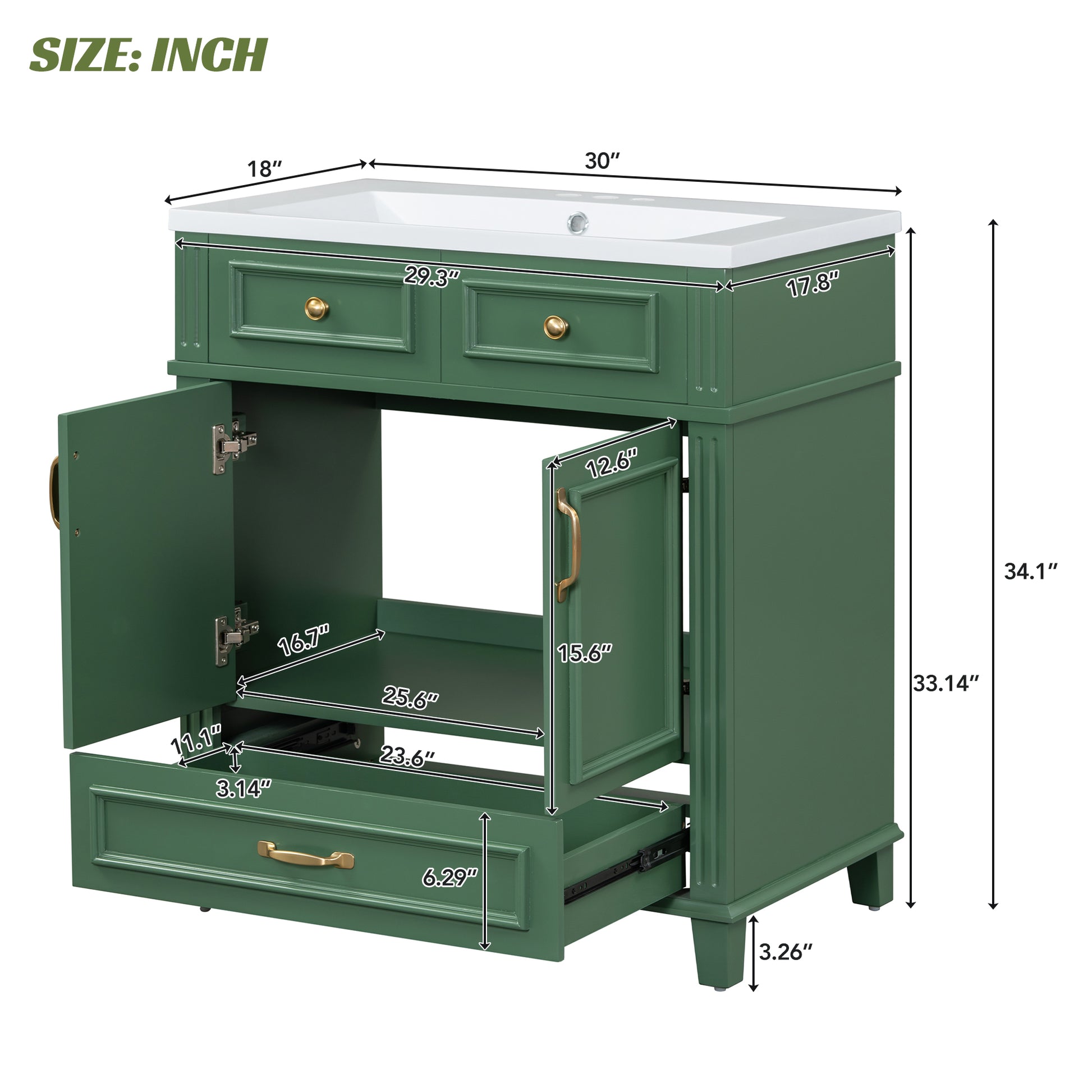 30'' Bathroom Vanity With Resin Sink, Solid Wood Frame Bathroom Storage Cabinet With Soft Closing Doors, Retro Style, Green Same As Sw000118Aaf Green Bathroom Modern Solid Wood Mdf Resin