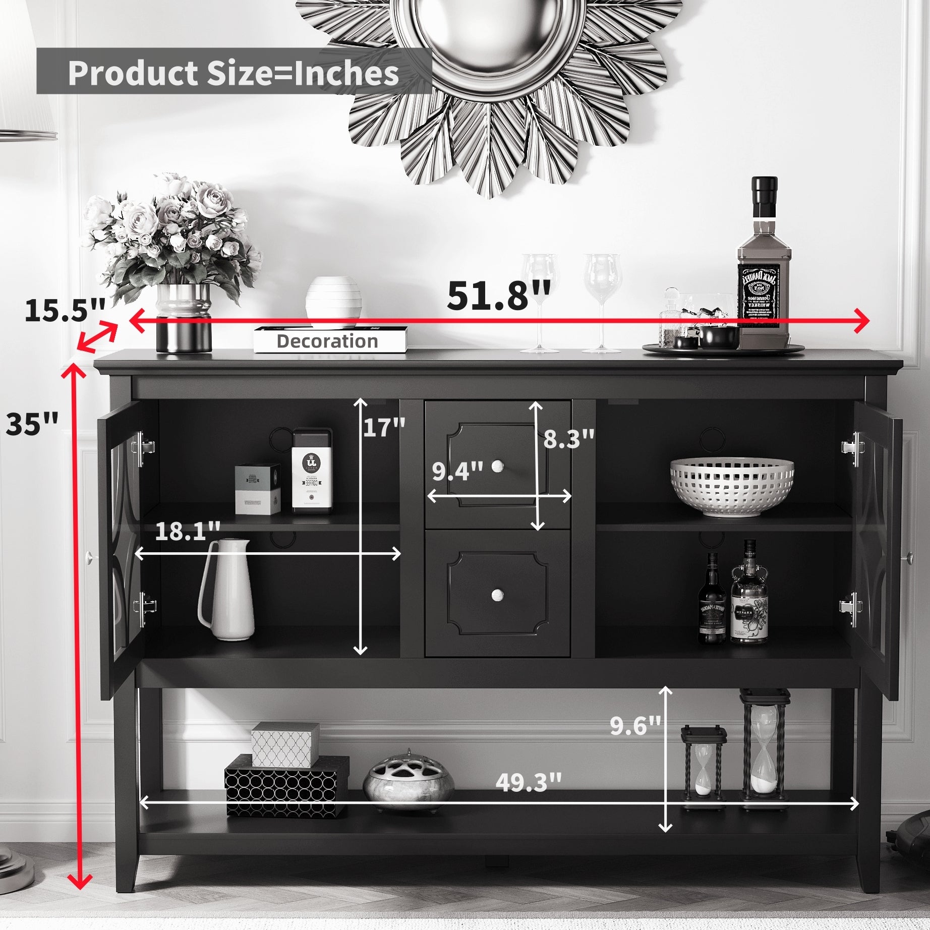 Sideboard Buffet Console Table, Media Cabinet With Adjustable Shelves, Black Black Primary Living Space Cabinets Included Mdf