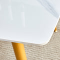 Modern Minimalist Dining Table. White Imitation Marble Patterned Stone Burning Tabletop With Golden Metal Legs. 50 