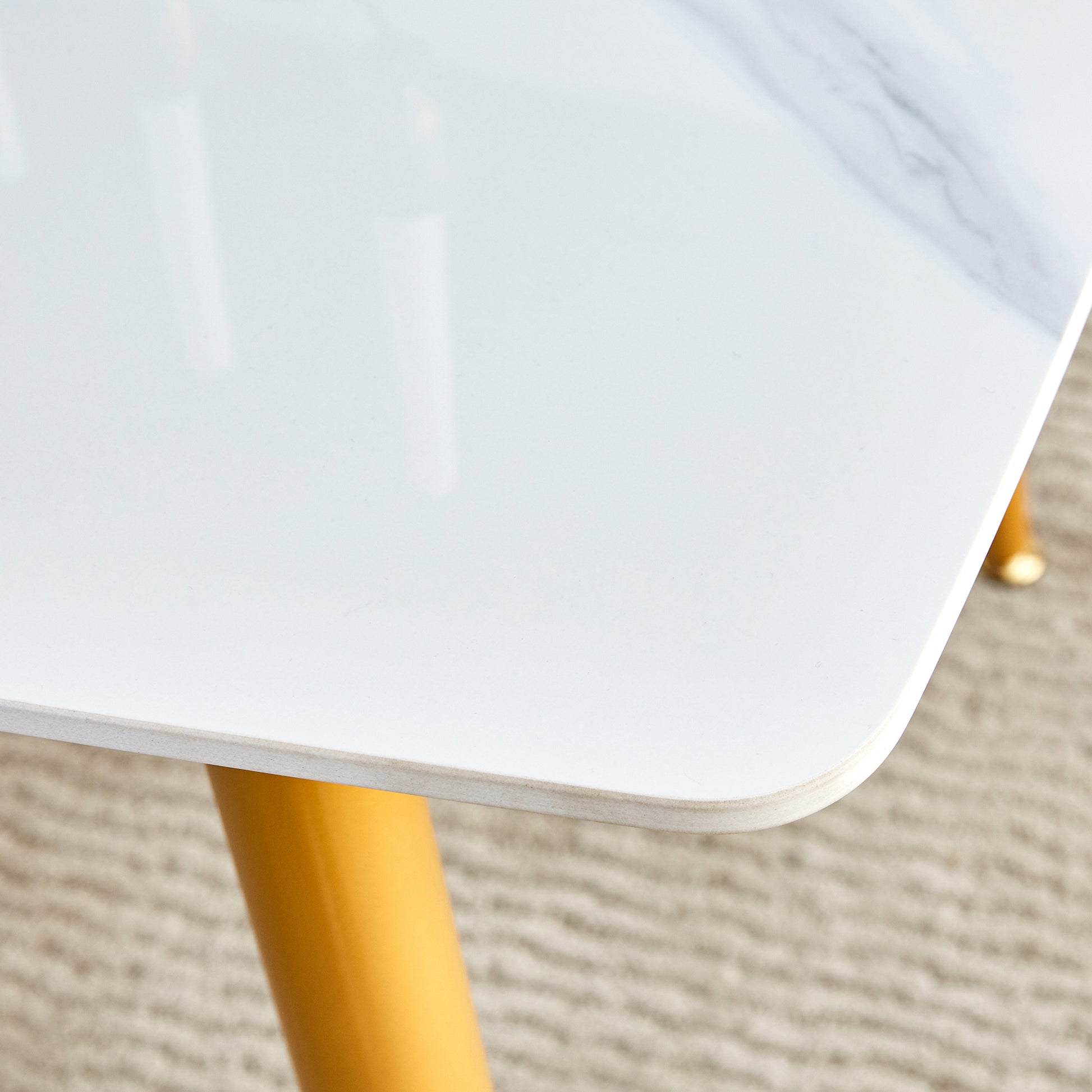 Modern Minimalist Dining Table. White Imitation Marble Patterned Stone Burning Tabletop With Golden Metal Legs. 50 "* 30" * 30 "F 001 Gold Sintered Stone