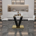 Table And Chair Set. A Rectangular Glass Dining Table With A 0.4 Inch Tempered Glass Tabletop And Mdf Board V Shaped Bracket, Paired With Chairs Consisting Of Pu Seat Cushions And Silver Metal Legs. White Black Seats 4 Tempered Glass