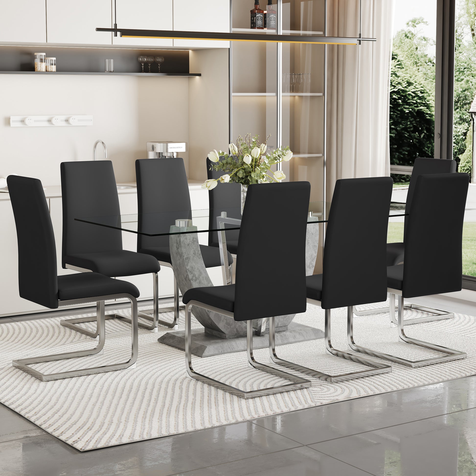 Table And Chair Set, Large Modern Rectangular Glass Table, Can Accommodate 6 8 People, Equipped With A 0.39 Inch Tempered Glass Tabletop And Large Mdf Table Legs, Comfortable And Soft Chairs. Transparent Mdf Glass