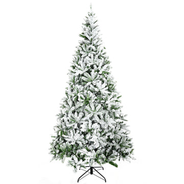 Homcom 9' Tall Unlit Snow Flocked Pine Artificial Christmas Tree With Realistic Branches, Green Green Plastic