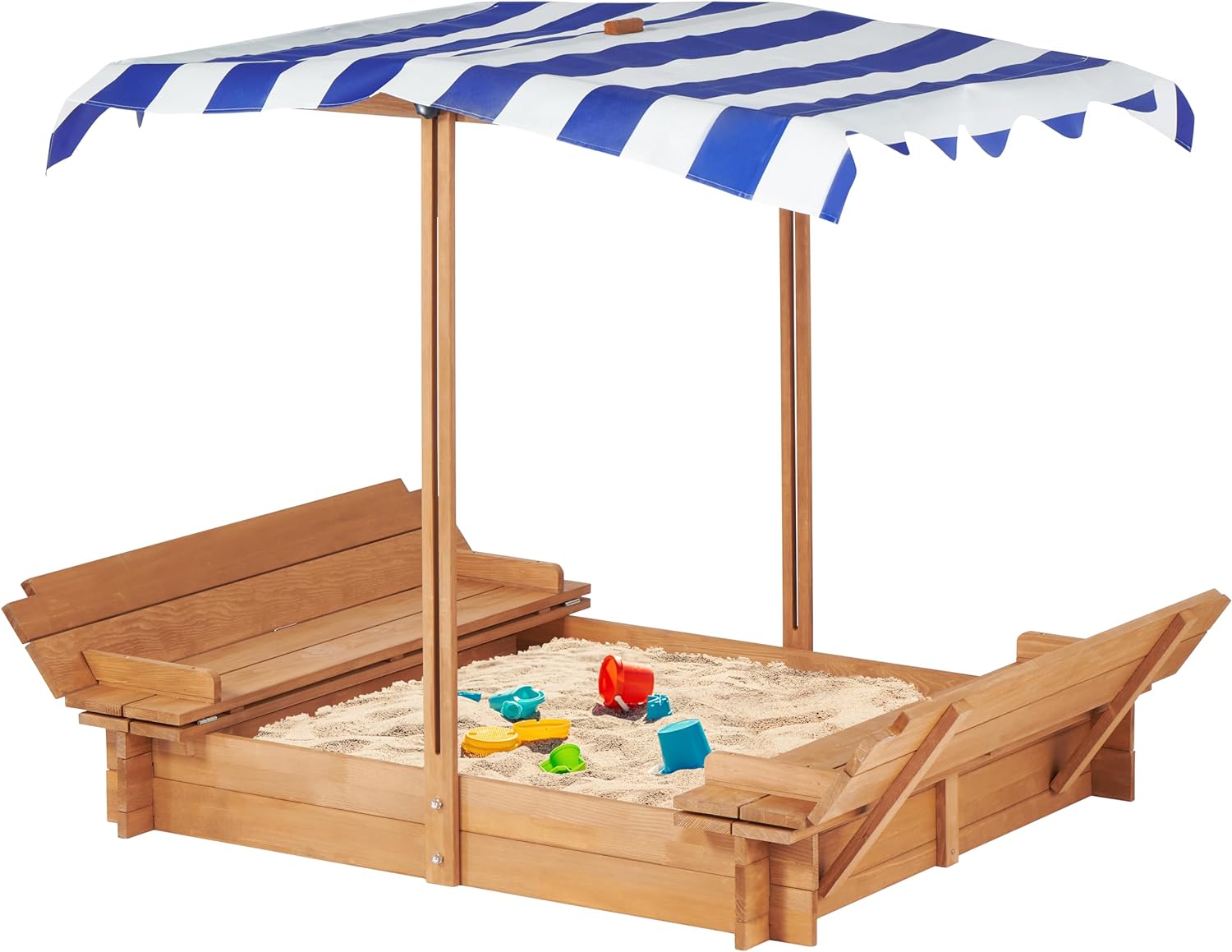 Kids Sandbox With Adjustable Cover, 46'' Wooden Sand Box With 2 Foldable Bench Seats, Outdoor Sandpit For Backyard Play Light Brown Solid Wood
