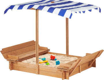 Kids Sandbox With Adjustable Cover, 46'' Wooden Sand Box With 2 Foldable Bench Seats, Outdoor Sandpit For Backyard Play Light Brown Solid Wood