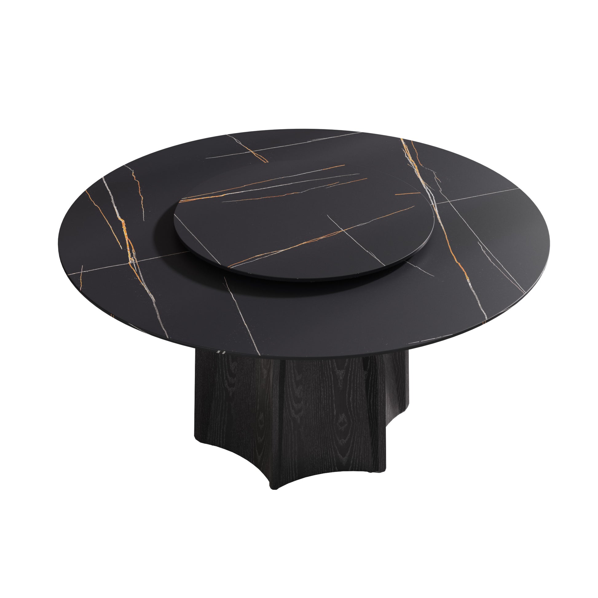 59.05" Round Marble Dining Table With Black Textured Solid Wood Base, Artificial Marble For 6 8 People, 31.5"Black Artificial Stone Turntable,Black Dining Table Only Black Modern Wood Sintered Stone