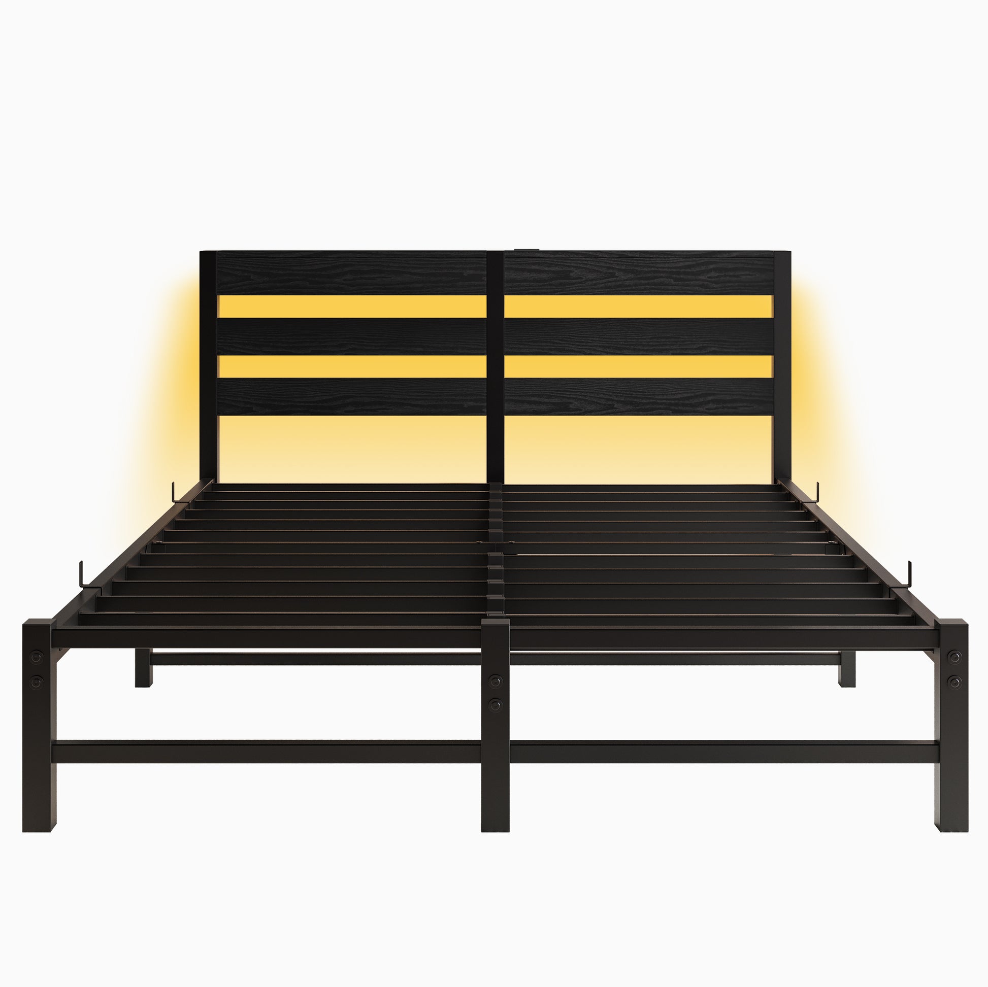 Queen Size Metal Bed Frame With Wooden Headboard, Rgb Lights, Charger, Storage Shelf, Noise Free, No Box Spring Needed, Black Box Spring Not Required Queen Black Metal Bedroom Bed Frame Metal & Wood