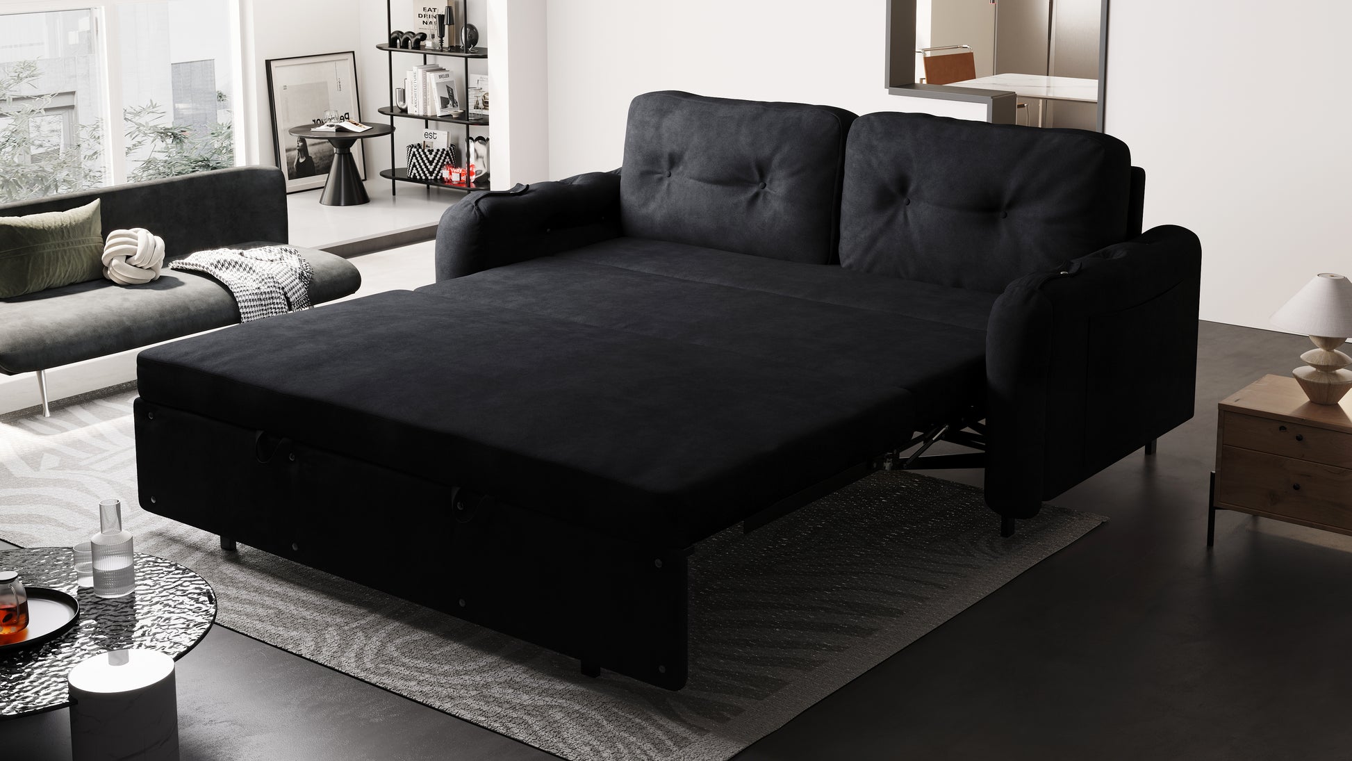 66.2" Queen Pull Out Sofa Bed, Hydraulic System Convertible Sleeper Sofa With Storage And 2 Soft Pillows, Tufted Button Upholstered Couch,Multi Functional Velvet Loveseat Bed,Black Black Velvet 2 Seat