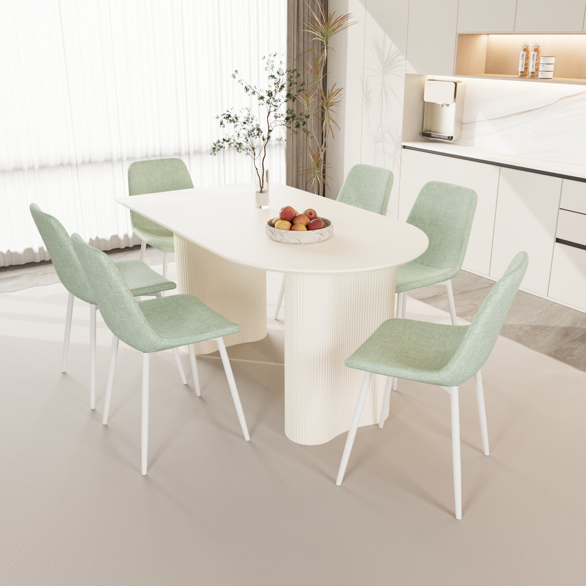 63 "Mdf Cream Style Coffee Table And Modern Dining Chair 8 Piece Set, Modern And Stylish Kitchen Dining Table Set, Round Wave Table Legs, Dining Table And Linen Chairs Buy 6 Chairs And Get 2 Free