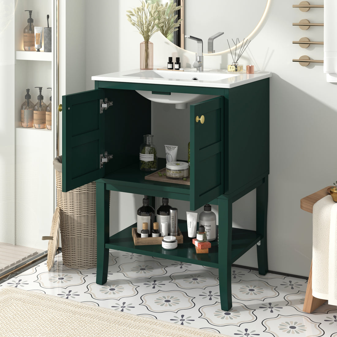 24'' Bathroom Vanity With Top Sink, Modern Bathroom Storage Cabinet With 2 Doors, Single Sink Bathroom Vanity Green 2 1 Adjustable Hinges Bathroom Freestanding Modern Solid Wood Mdf Resin Painted