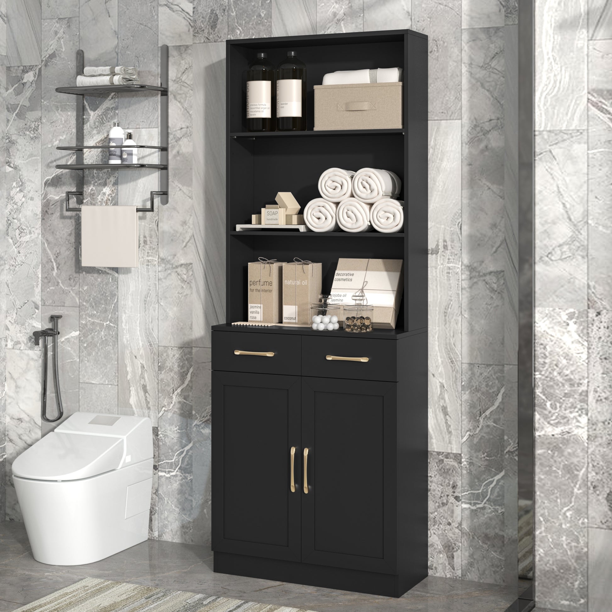 Bathroom Storage Cabinet, Cabinet With Two Doors And Drawers, Adjustable Shelf, Three Layer Open Shelf, Mdf Board, Black Black Mdf