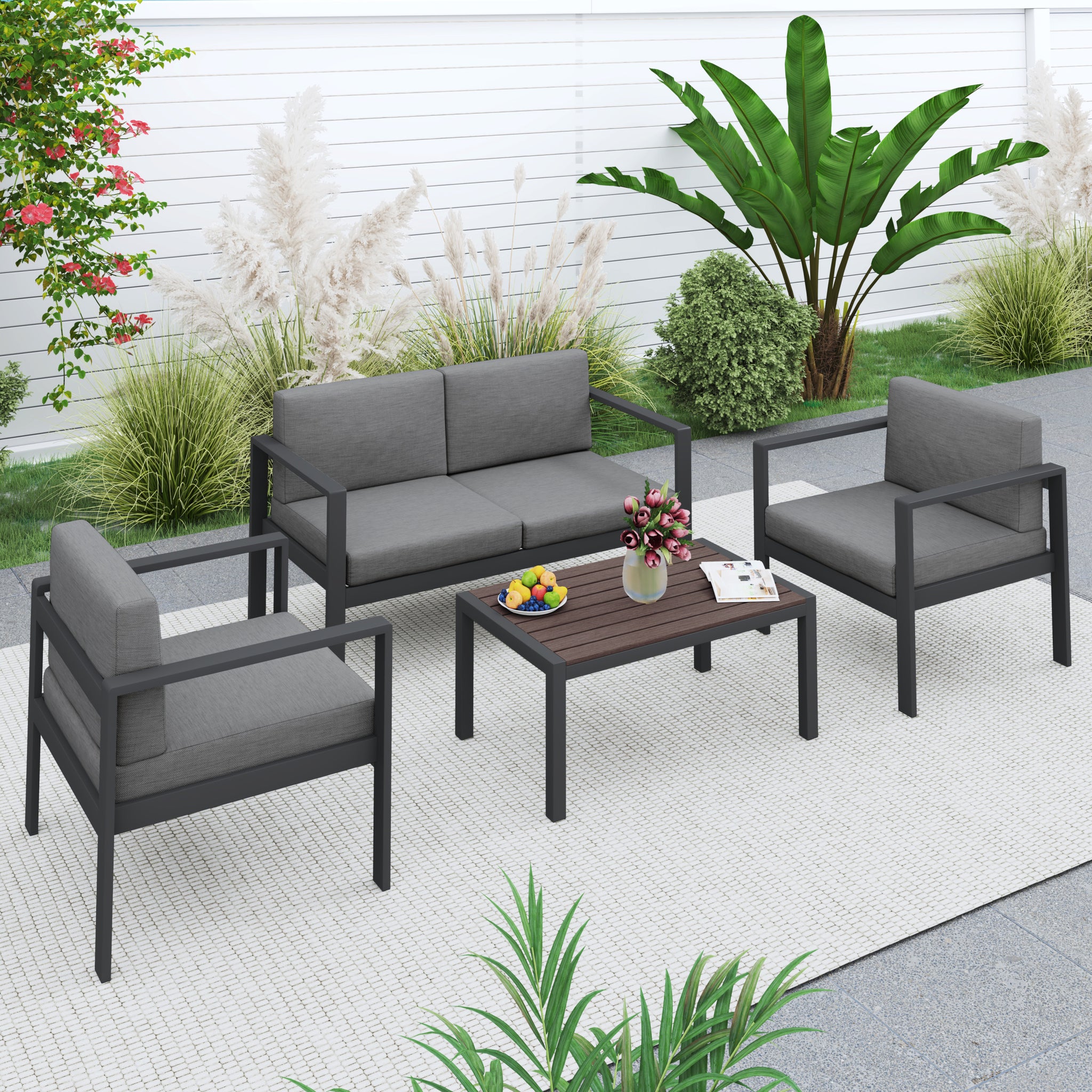 Aluminum Modern 4 Piece Sofa Seating Group For Patio yes-complete patio set-black-mildew resistant