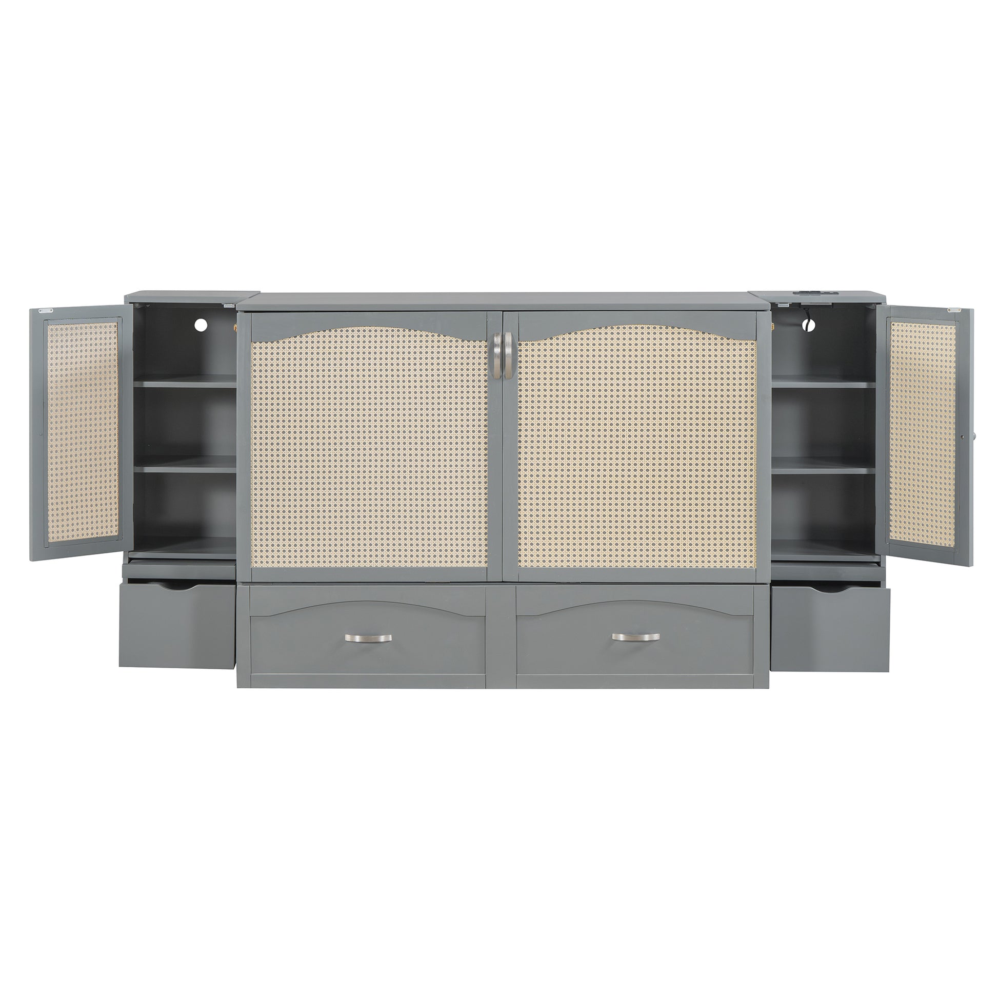 Full Size Murphy Bed Wall Bed With Drawer And Rattan Decoration With 2 Storage Cabinets, One Set Of Sockets & Usb Ports, Pulley Structure Design, Gray Full Gray Plywood