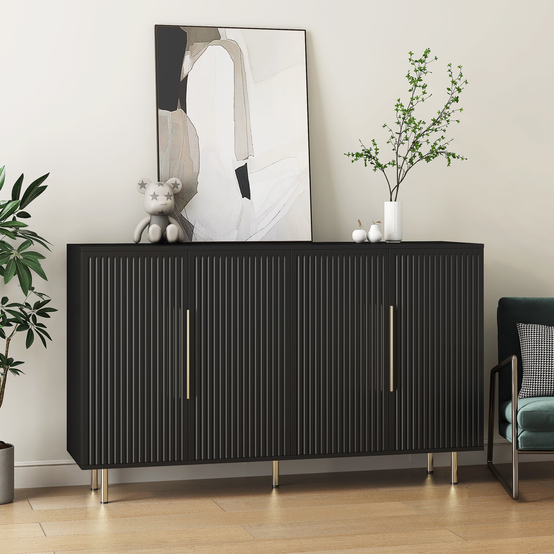 Black Modern Buffet Cabinet With Storage, Fluted Sideboard Large Buffet With Adjustable Shelves, Credenza, Accent Cabinet Console Table Black Mdf