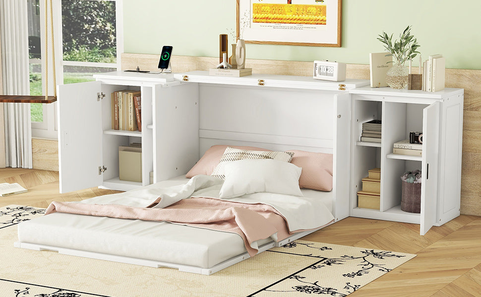 Full Size Murphy Bed With Shelves, Cabinets And Usb Ports,White White Mdf Lvl