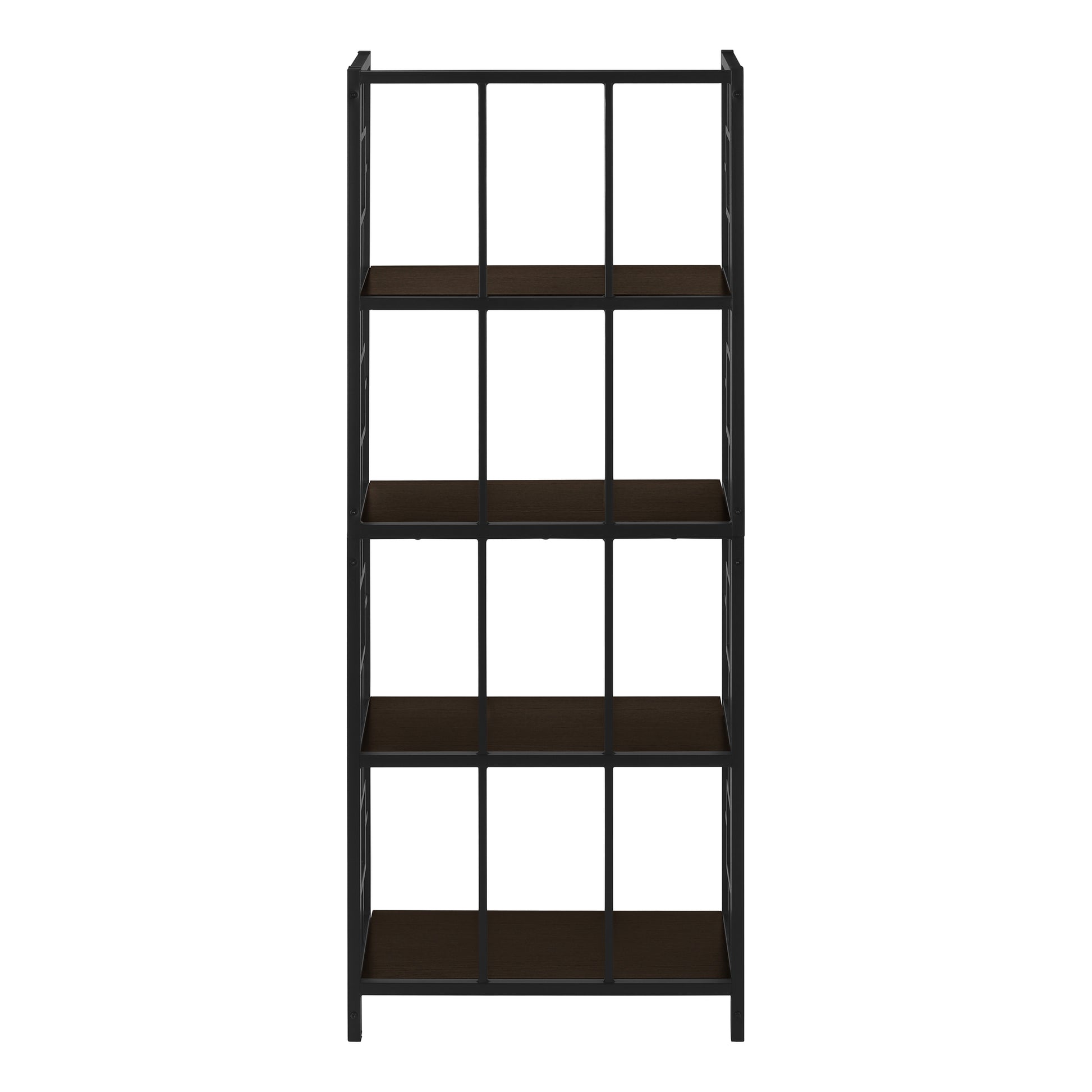 Bookshelf, Bookcase, Etagere, 4 Tier, 62"H, Office, Bedroom, Brown Laminate, Black Metal, Contemporary, Modern Espresso Metal