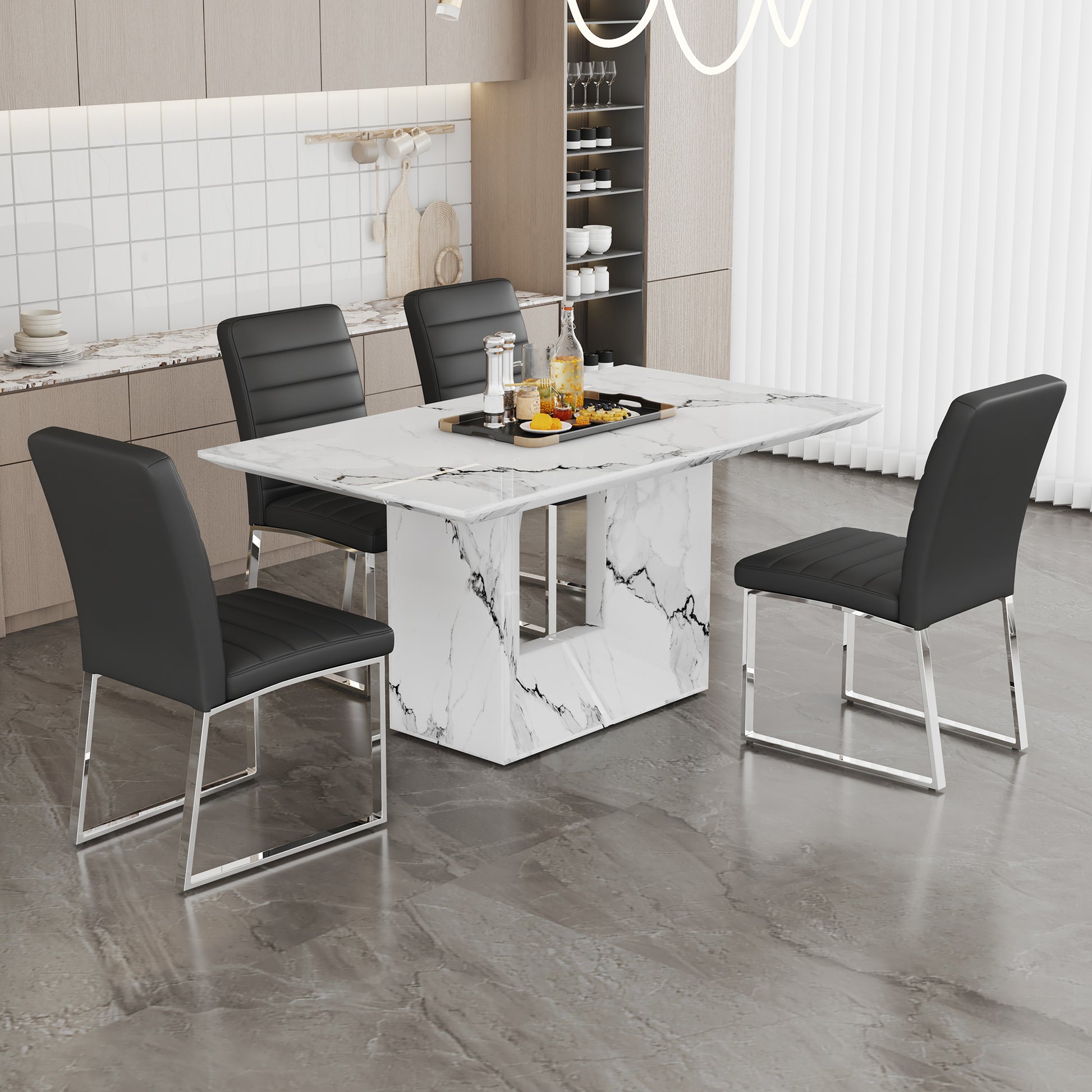 Table And Chair Set.63"X35.4" White Marble Patterned Mdf Dining Table Set With 4 Armless Black Pu Chairs.The Backrest Of The Dining Chair Is Designed With Multiple Horizontal Stripes. Black Seats 4