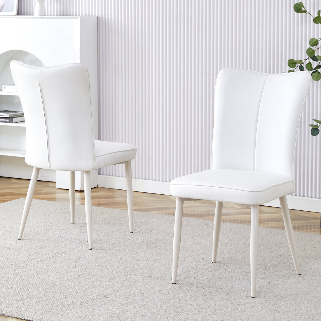 Modern Minimalist Dining Chair, White Pu Leather Curved Back And Seat Cushion, White Metal Chair Legs, Suitable For Dining Room, Bedroom, Living Room. A Set Of 2 Chairs. 008 White Pu