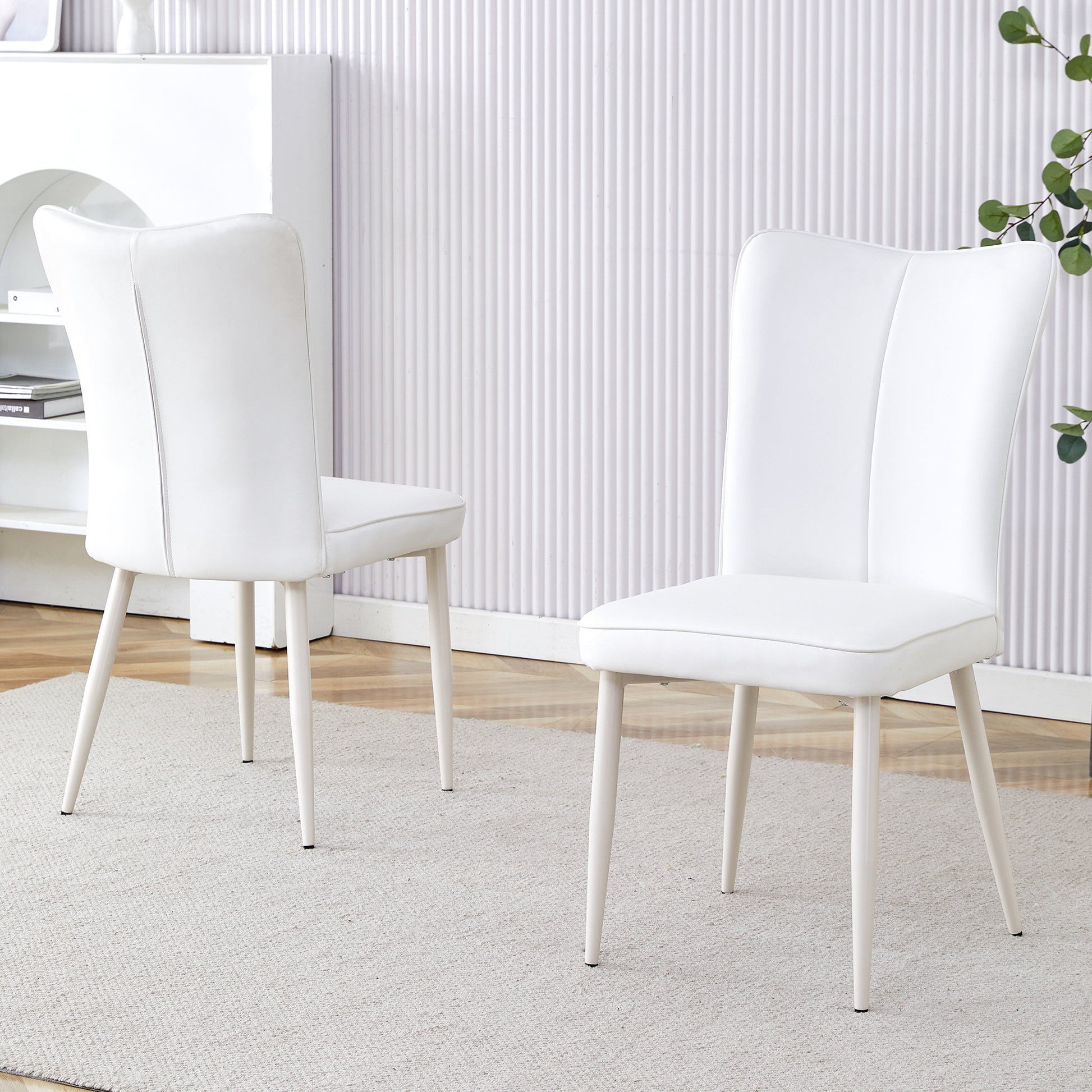 Modern Minimalist Dining Chair, White Pu Leather Curved Back And Seat Cushion, White Metal Chair Legs, Suitable For Dining Room, Bedroom, Living Room. A Set Of 2 Chairs. 008 White Pu