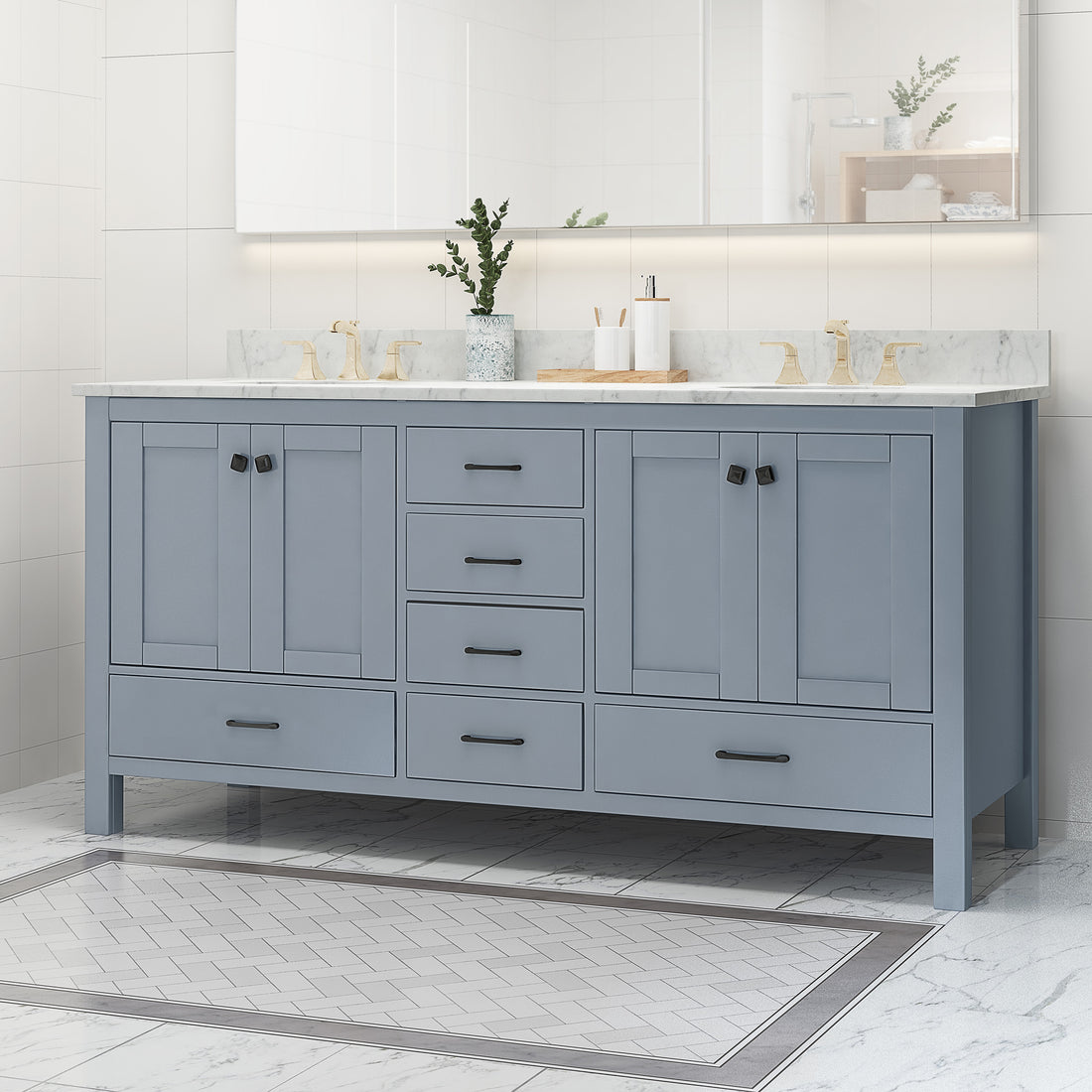 73'' Bathroom Vanity With Marble Top & Double Ceramic Sinks, 4 Doors, 6 Drawers, Grey Grey Plywood