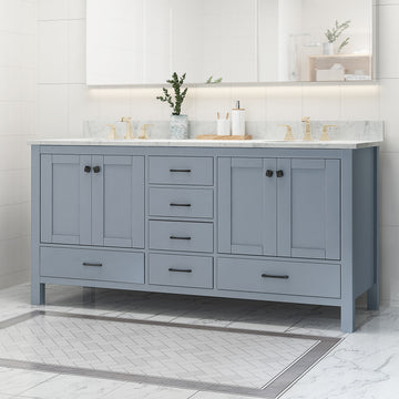 73'' Bathroom Vanity With Marble Top & Double Ceramic Sinks, 4 Doors, 6 Drawers, Grey Grey Plywood