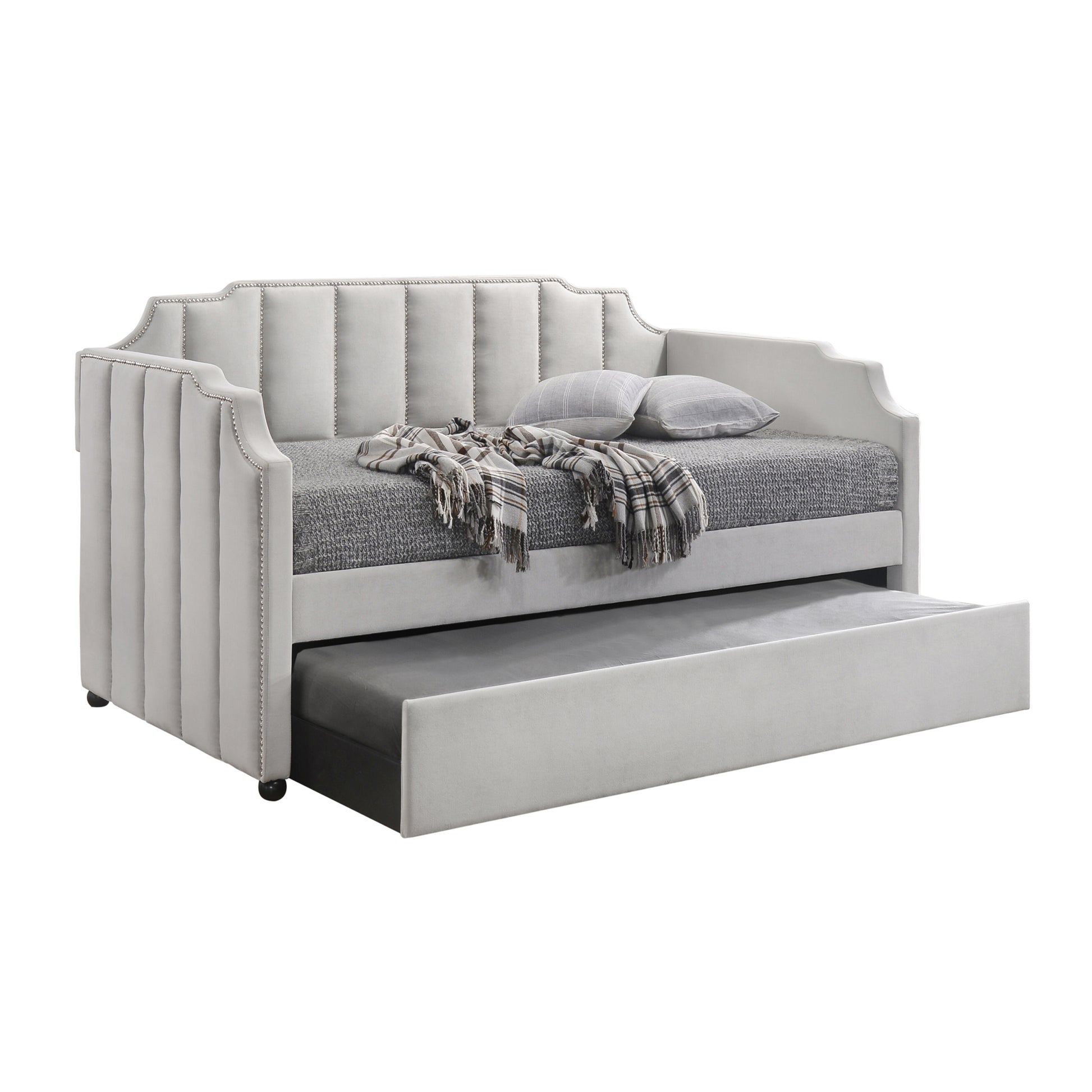 Dove Grey Tufted Back Twin Daybed With Trundle Box Spring Not Required Twin Grey Wood Gray Traditional Velvet