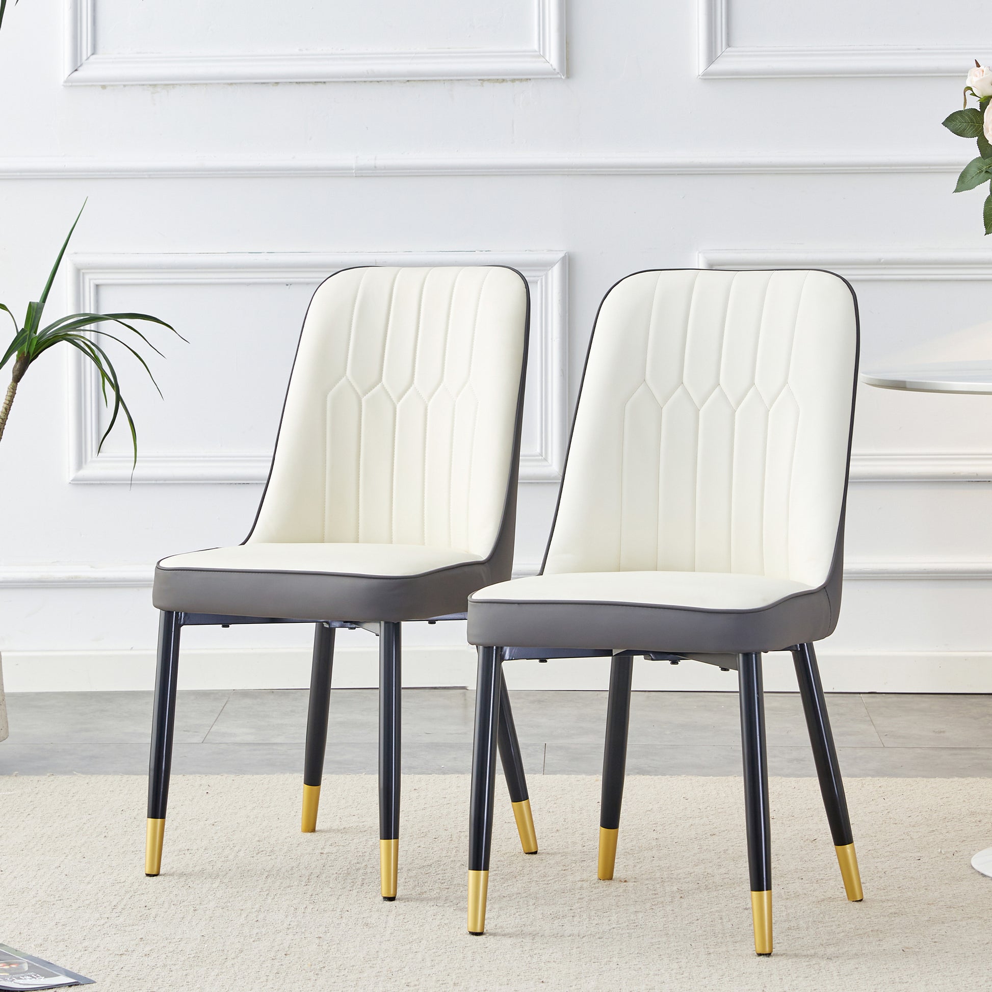 Large Modern Minimalist Rectangular Dining Table With 0.39 "Imitation Marble Black Tabletop And Golden Metal Legs, Paired With Chairs With Pu Cushions And Black Metal Legs. F 1538 C 007 Black Gold Glass Metal