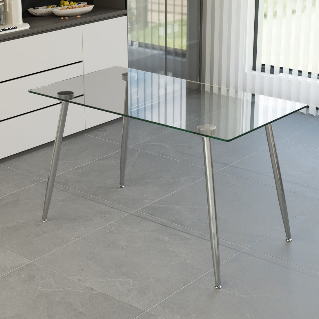Glass Dining Table, Modern Rectangular Table With Tempered Glass Tabletop & Sliver Metal Legs, Simplistic Kitchen Table, 51 X 27.5 X 29.5 Inch, Versatile Table For Home Office Transparent Glass