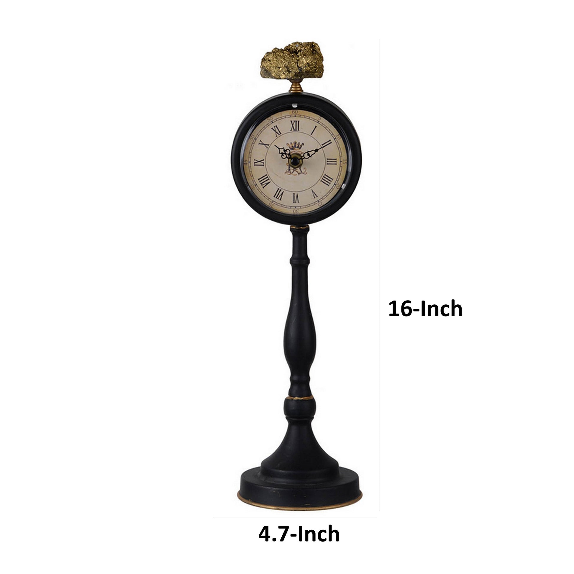 16 Inch Decorative Table Clock, Pedestal Stand, Black Metal, Stone Accent Black Gold Metal