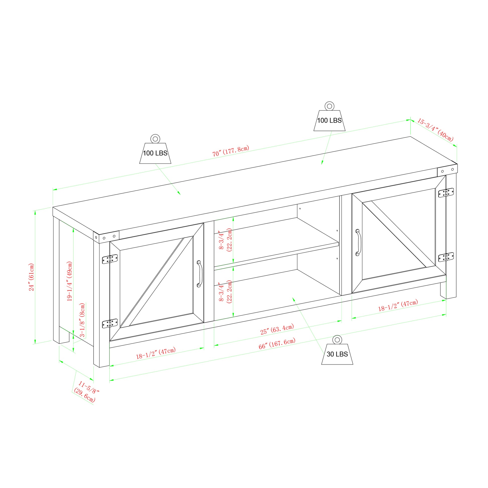 Rustic Farmhouse Double Barn Door 70" Tv Stand For 80" Tvs With Center Shelves Rustic Oak Oak Mdf