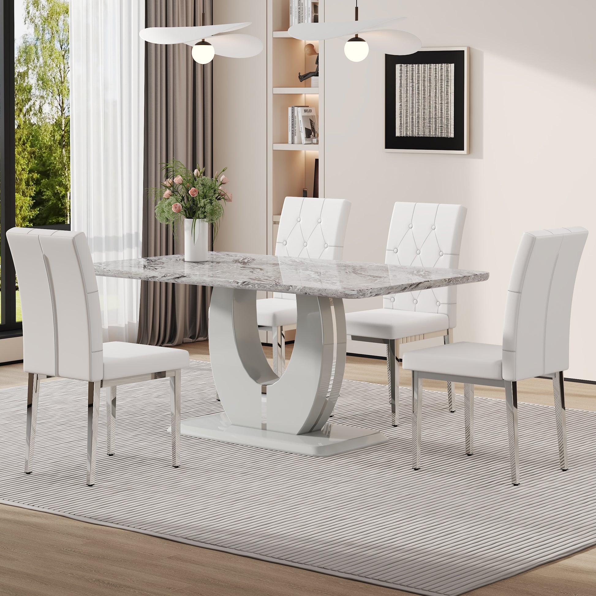 Table And Chair Set, Modern Minimalist Marble Textured Rectangular Dining Table. Suitable For Restaurants And Living Rooms. Soft Cushion Seats.F 1280 Gray Mdf