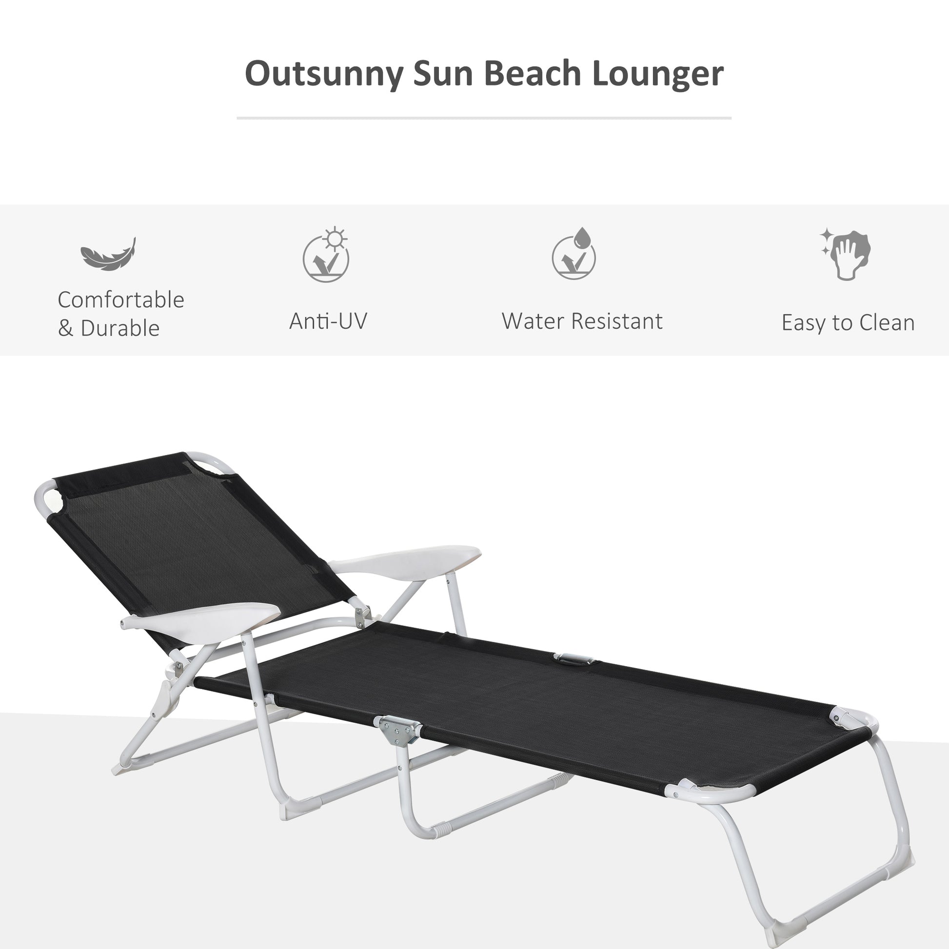 Outsunny Folding Chaise Lounge, Outdoor Sun Tanning Chair, 4 Position Reclining Back, Armrests, Metal Frame And Mesh Fabric For Beach, Yard, Patio, Black Black Metal