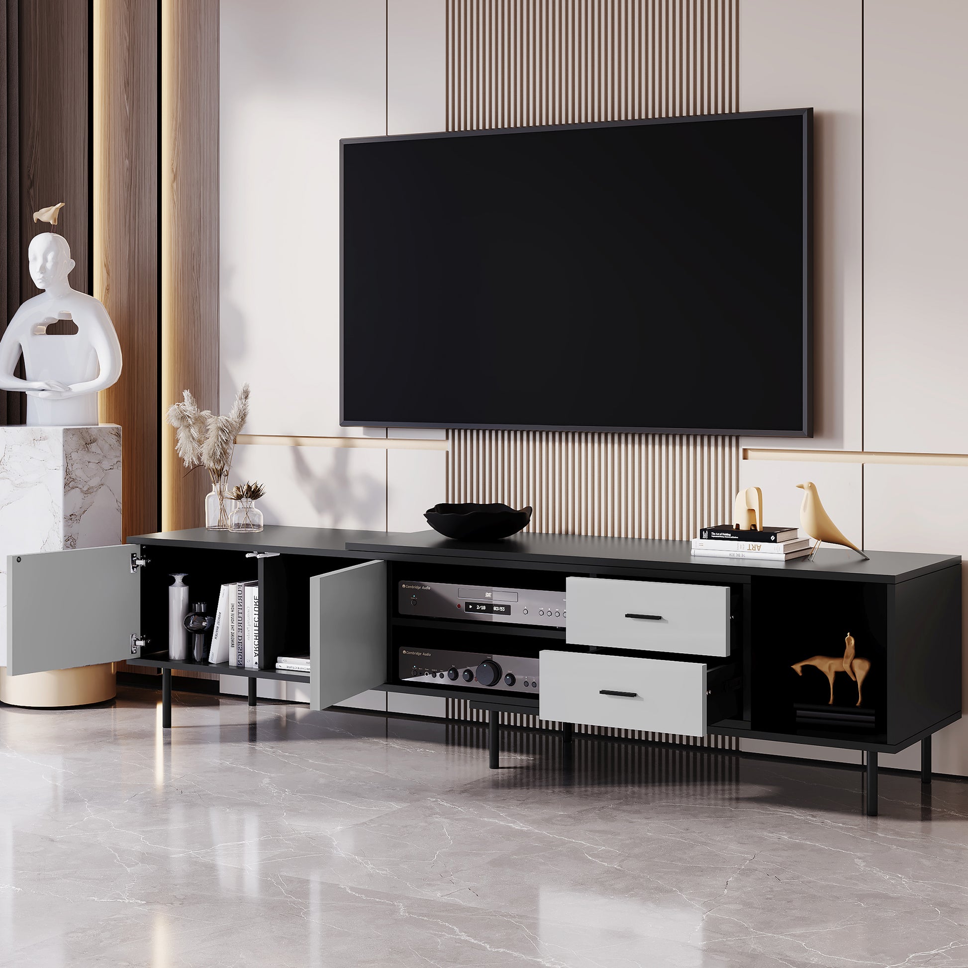 Modern Tv Stand For 80'' Tv With 2 Doors, Media Console Table, Entertainment Center With Large Storage Cabinet For Living Room, Bedroom Black Grey 70 79 Inches Primary Living Space 70 79 Inches 75