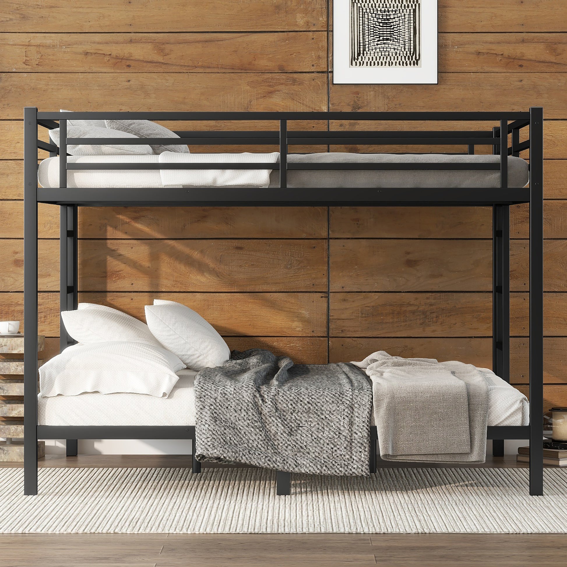 Metal Queen Over Queen Bunk Bed For Teens And Adults,Space Saving Noise Reduced No Box Spring Needed, Black Box Spring Not Required Queen Black Metal