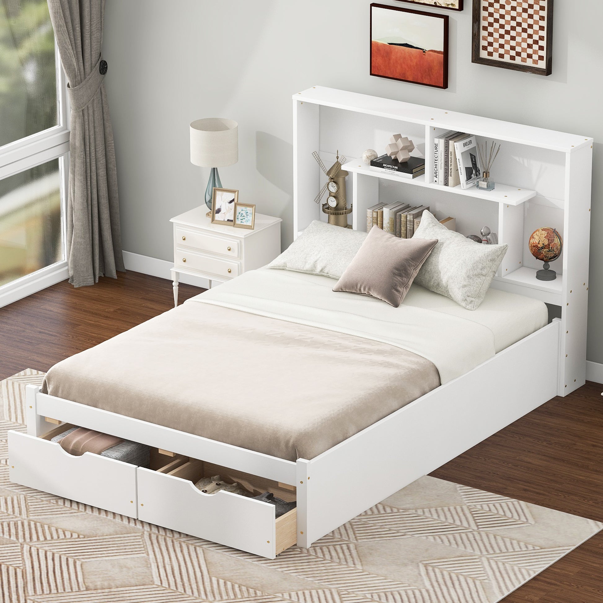 Full Size Platform Bed With Storage Headboard And 2 Drawers, White Box Spring Not Required Full White Wood Bedroom Bed Frame Solid Wood Mdf