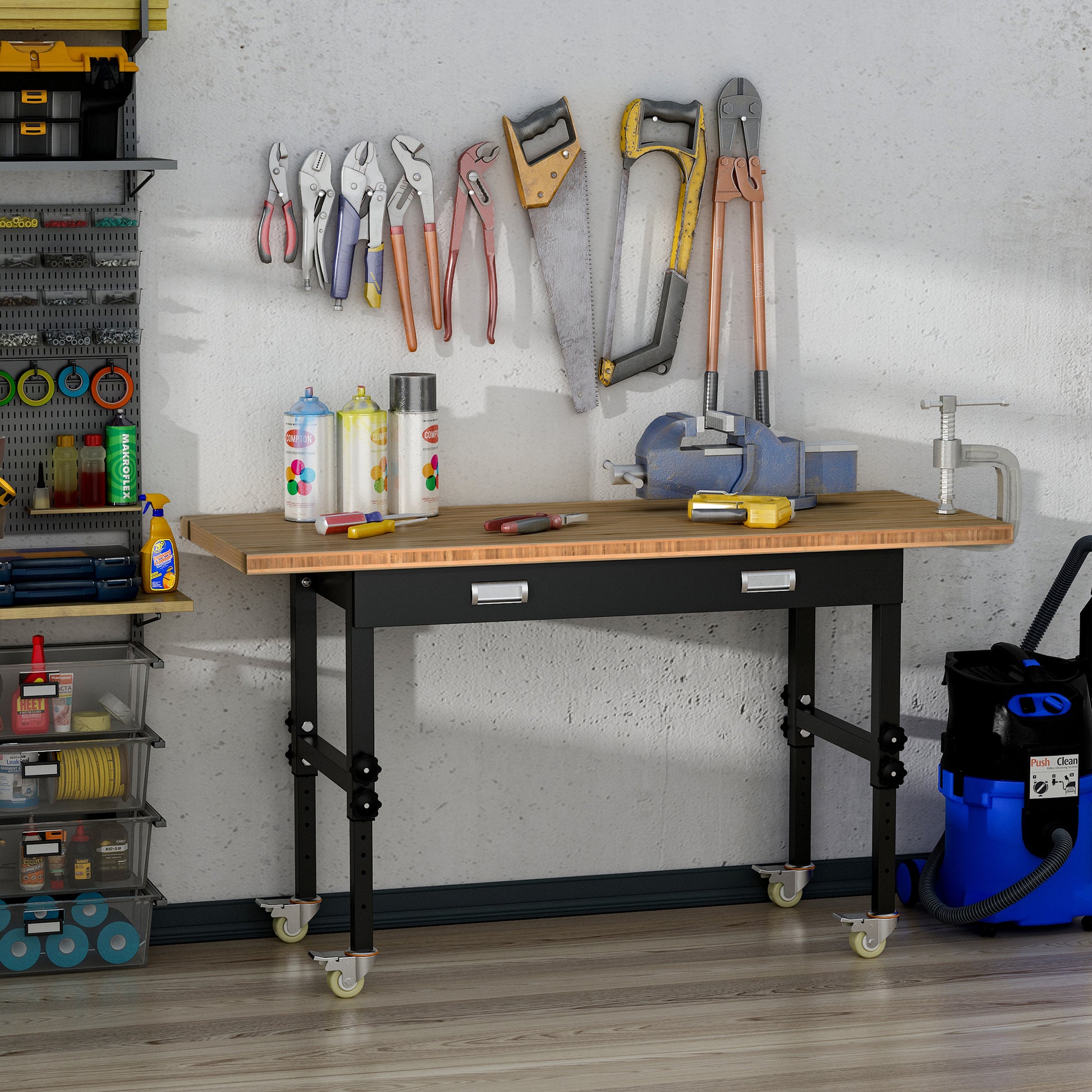 Homcom 59" Work Bench With Drawer, Height Adjustable Legs, Bamboo Tabletop Workstation Tool Table On Wheels For Garage, Weight Capacity 1320 Lbs, Black Natural Natural Wood Bamboo