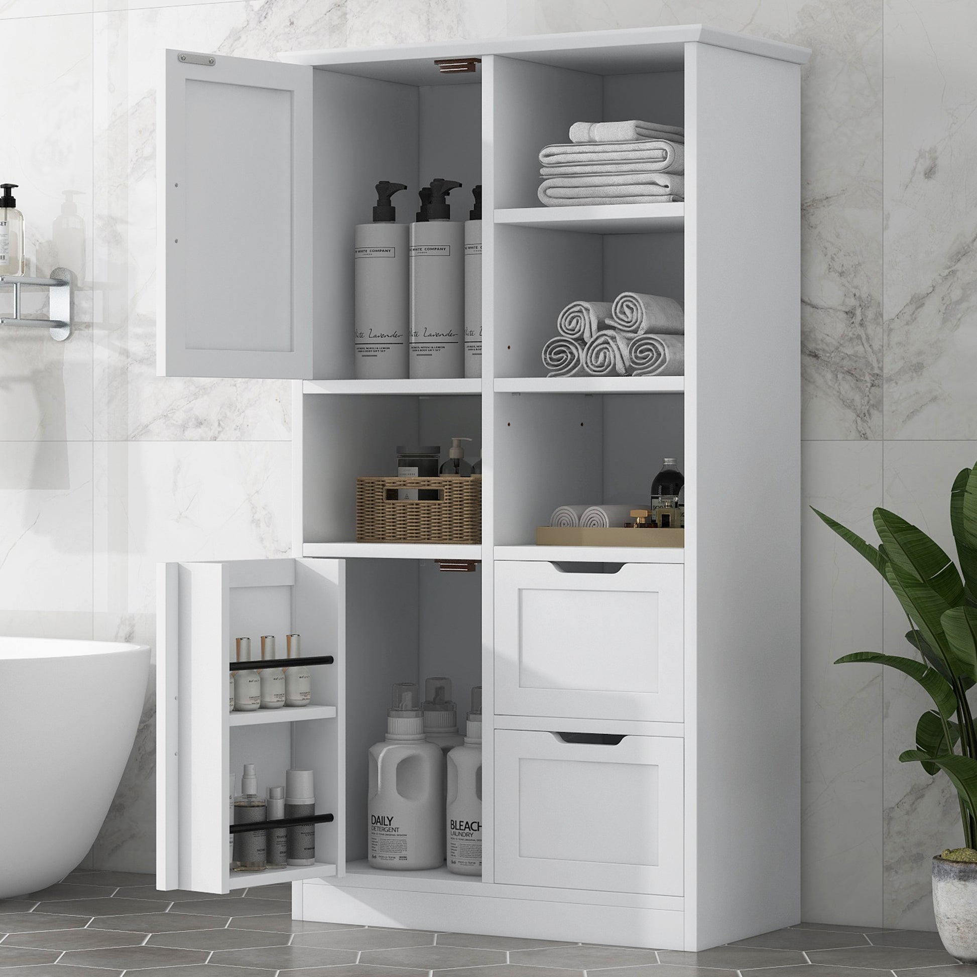 Bathroom Storage Cabinet With Doors And Drawers, Multiple Storage Space, Freestanding Style, Open Shelve, Adjustable Shelf, White White Mdf