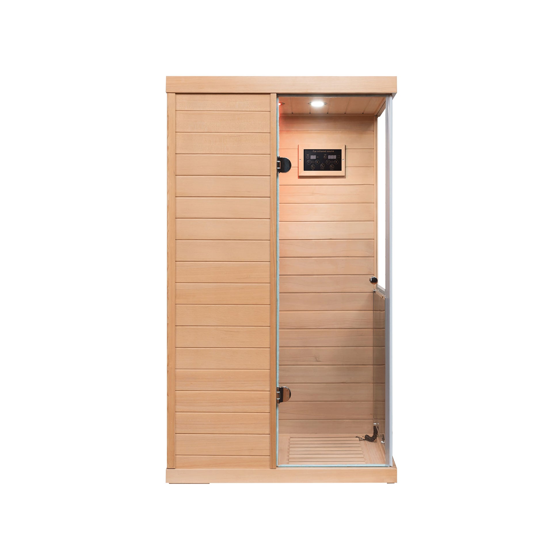 Large Glass Mini Hemlock Sauna With Right Door Opening Natural Wood Metal & Wood