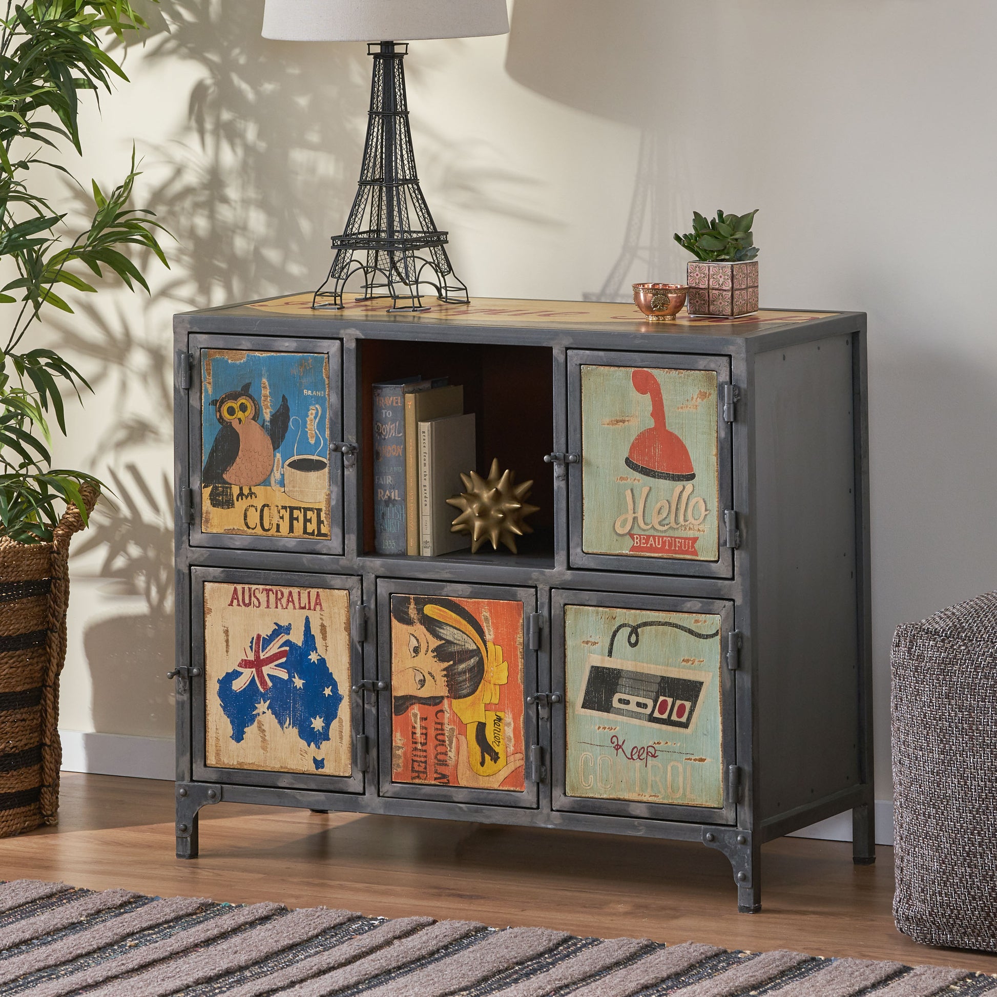 Wooden Iron Cabinet Multicolor Wood