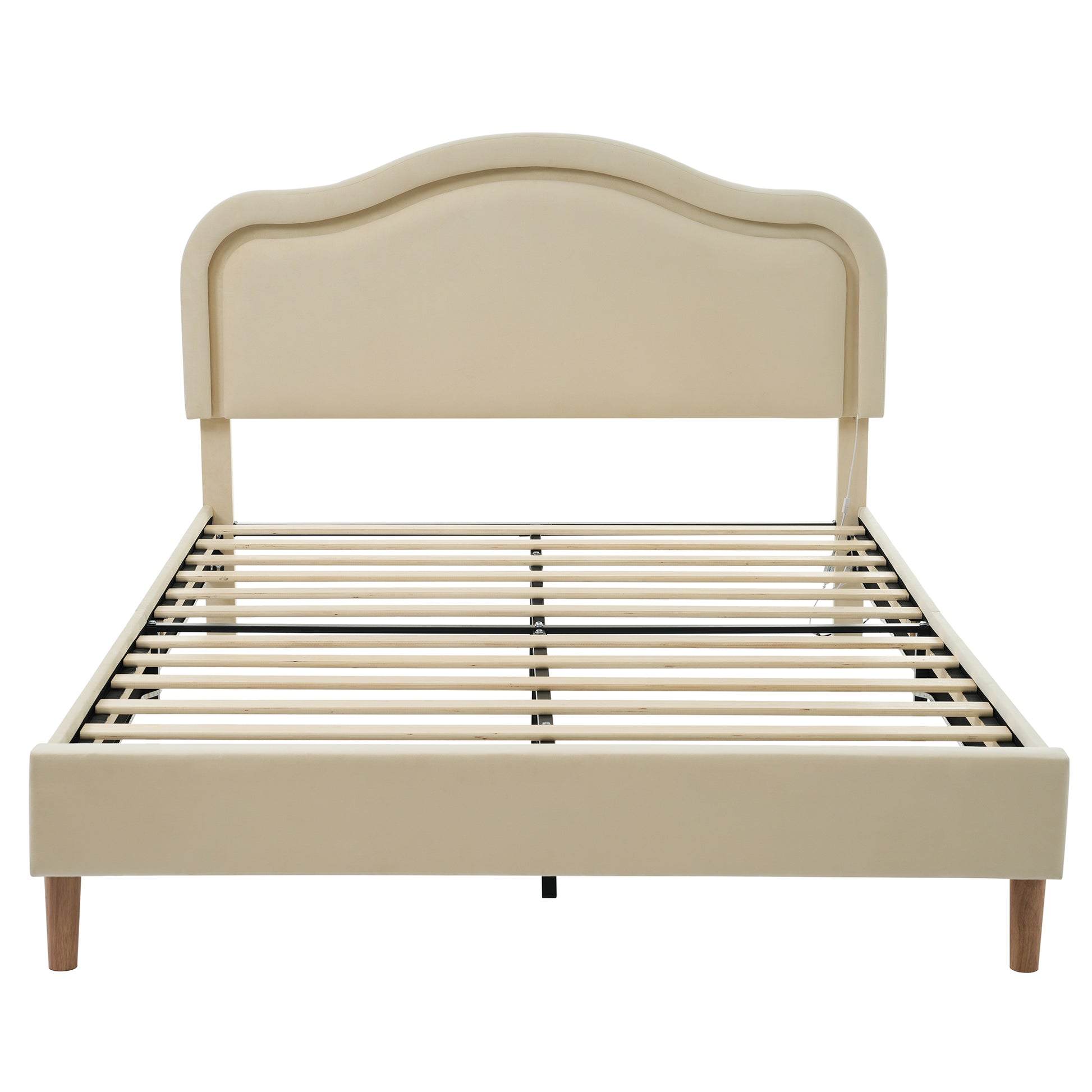 Full Size Velvet Upholstered Smart Led Bed Frame With Adjustable Height Headboard,No Box Spring Needed,Easy Assembly,Beige Box Spring Not Required Full Beige Wood Bedroom Cute,Modern Bed Frame Wood