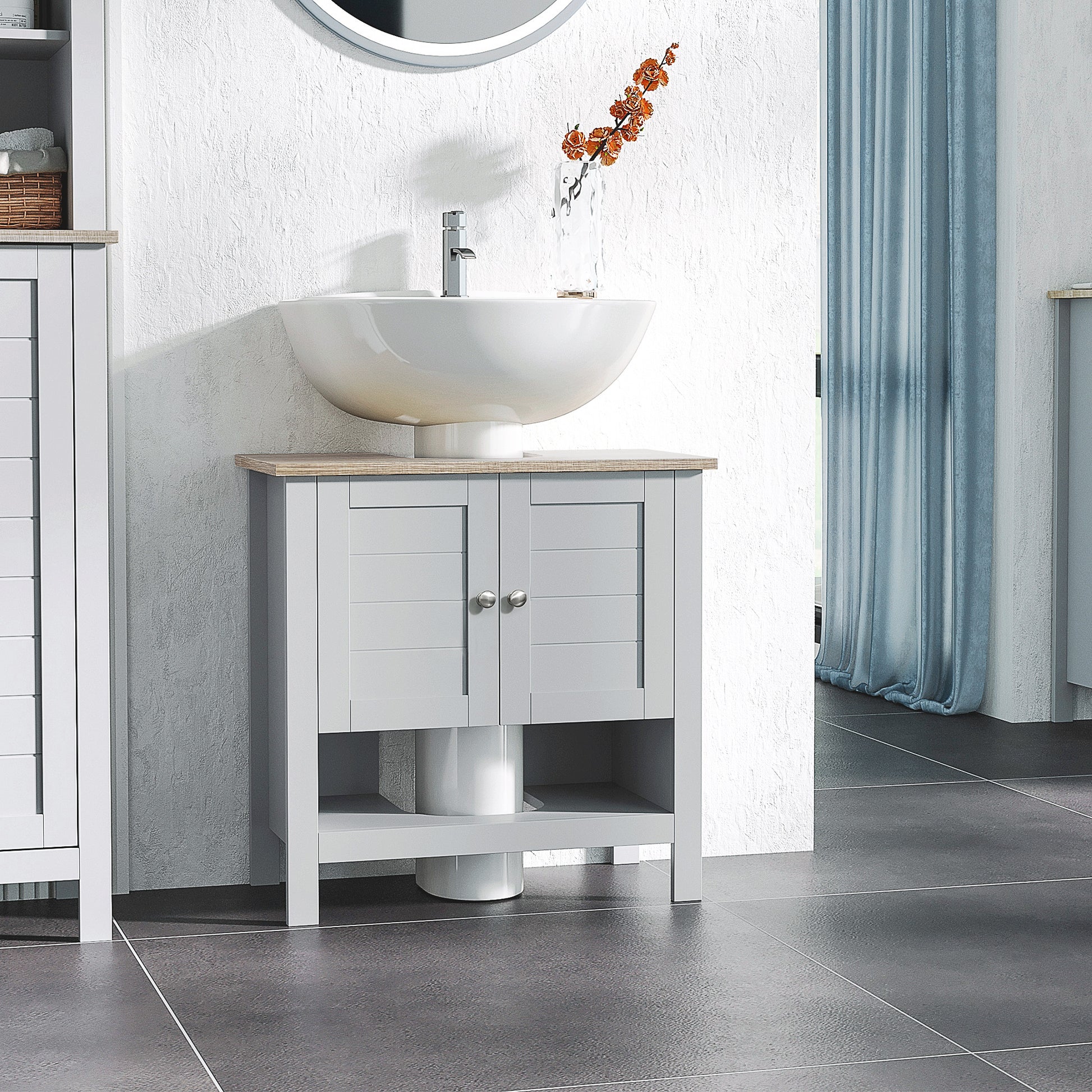 Kleankin Pedestal Sink Storage Cabinet, Under Sink Cabinet, Bathroom Vanity Cabinet With Adjustable Shelf And Open Bottom Shelf, Gray Grey Mdf