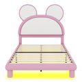 Full Size Upholstered Platform Bed With Cartoon Ears Shaped Headboard And Led, White&Pink Box Spring Not Required Full White Pink Bedroom Bed Frame Faux Leather Upholstered
