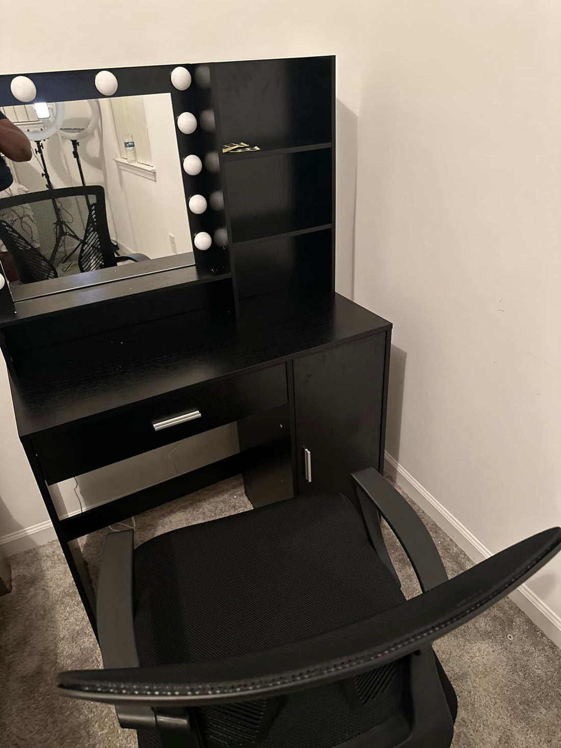 Vanity Desk With Mirror & Light, Large Drawer Three Level Storage Dresser, 3 Lighting Modes Adjustable Brightness, Bedroom Dressing Table Black Black Particle Board