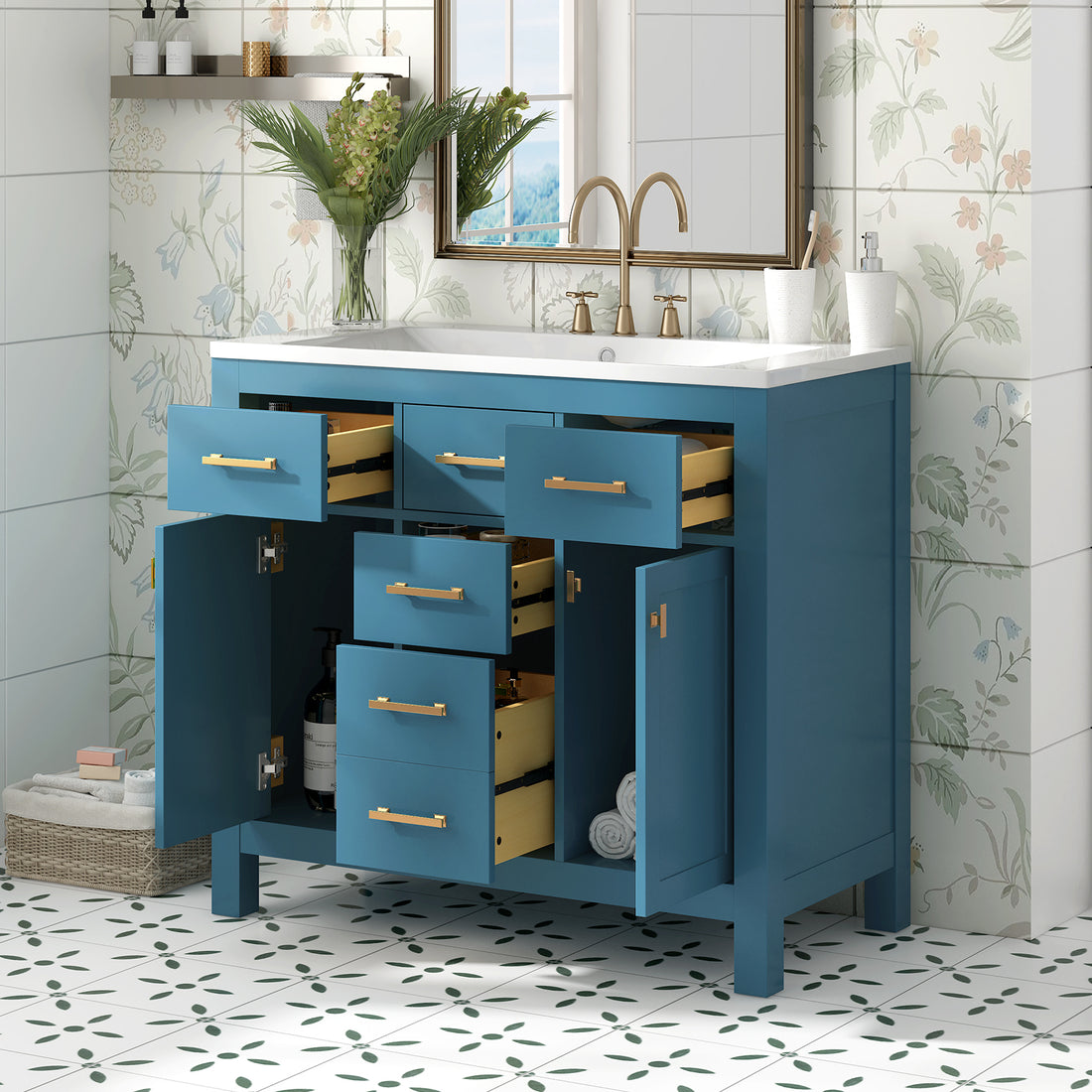 36'' Bathroon Vanity With Resin Sink Combo Set,Modern Freestanding Single Bathroom Cabinet With 4 Drawers & 2 Cabinets,Storage Cabinet For Bathroom, Solid Wood Frame Vanity Set, Blue 4 Blue 2 Adjustable Hinges Bathroom Freestanding Modern Solid Wood Mdf